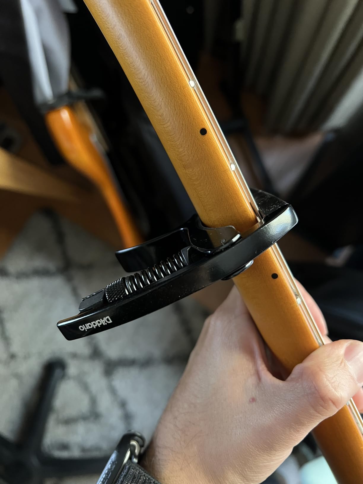 Planet Waves PW-CP-09 D'Addario Guitar Capo –NS Tri Action -For 6-String Electric and Acoustic Guitars –Micrometer Tension Adjustment, In-Tune Performance, Black Customer Review Planet Waves PW-CP-09 D'Addario Guitar Capo –NS Tri Action -For 6-String Electric and Acoustic Guitars –Micrometer Tension Adjustment, In-Tune Performance, Black - Customer Photo 1