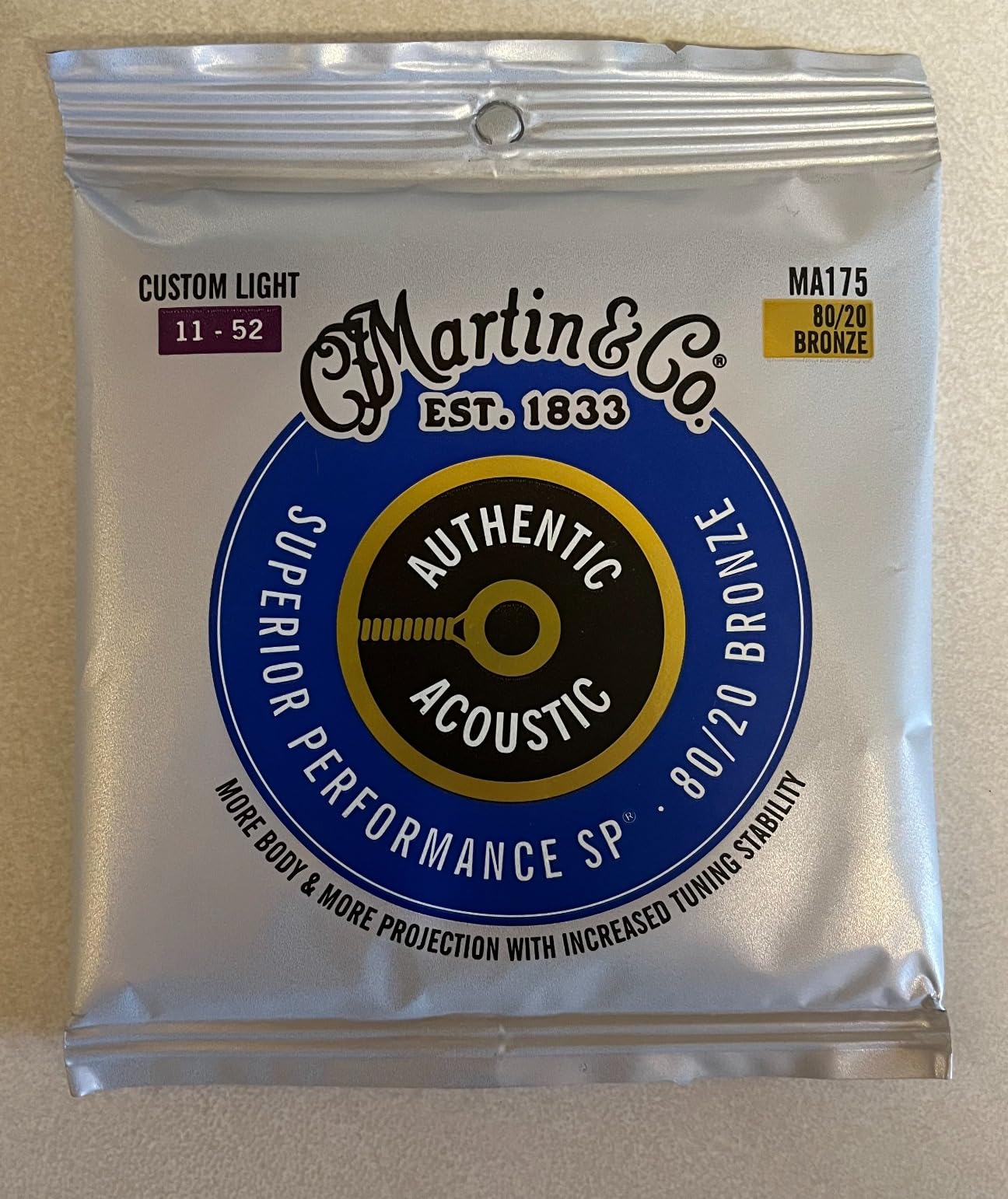Martin Authentic Acoustic Guitar Strings, Superior Performance Custom Light 11-52, 80/20 Bronze Customer Review Martin Authentic Acoustic Guitar Strings, Superior Performance Custom Light 11-52, 80/20 Bronze - Customer Photo 1