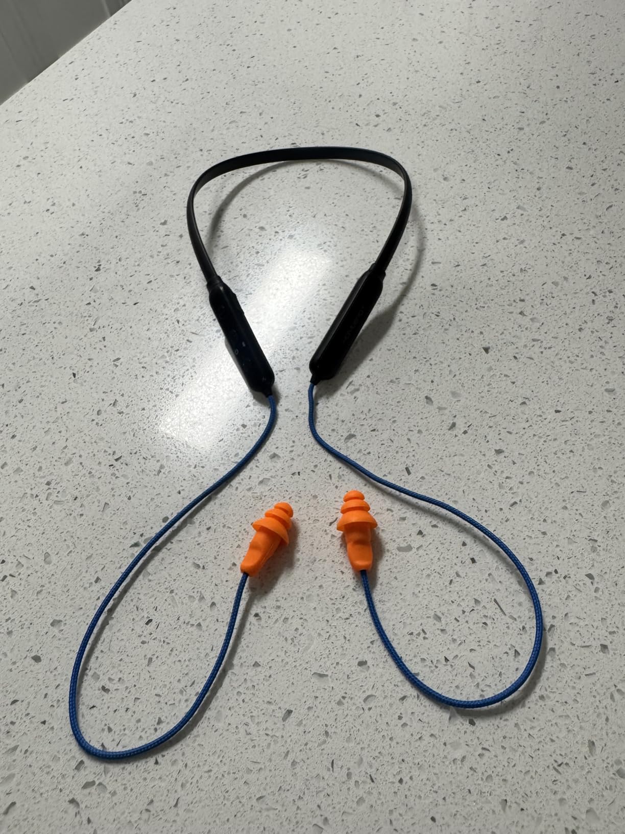 HomeSpot Noise Reduction Wireless Neckband Headphones with Qualcomm aptX HD, 27dB NRR, CVC Noise Cancelling Mic & Controls and 20H Playtime for Work Safety OSHA Compliant - Blue Wire Orange Earbuds Customer Review HomeSpot Noise Reduction Wireless Neckband Headphones with Qualcomm aptX HD, 27dB NRR, CVC Noise Cancelling Mic & Controls and 20H Playtime for Work Safety OSHA Compliant - Blue Wire Orange Earbuds - Customer Photo 1