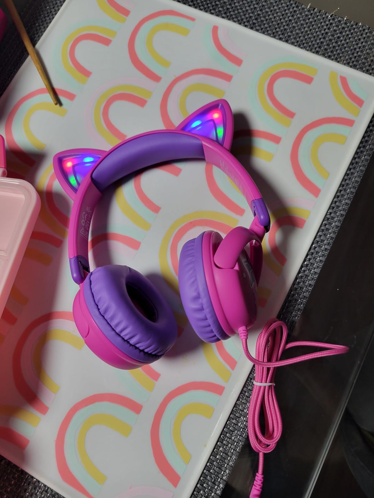 iClever Kids Headphones Cat Ear, LED Light Up, 85dBA Safe Volume, Stereo Sound Toddler Headphones for Travel School, Foldable 3.5mm Wired Kids Headphone for iPad Tablets, Meow Lollipop-Hot Pink Customer Review iClever Kids Headphones Cat Ear, LED Light Up, 85dBA Safe Volume, Stereo Sound Toddler Headphones for Travel School, Foldable 3.5mm Wired Kids Headphone for iPad Tablets, Meow Lollipop-Hot Pink - Customer Photo 1