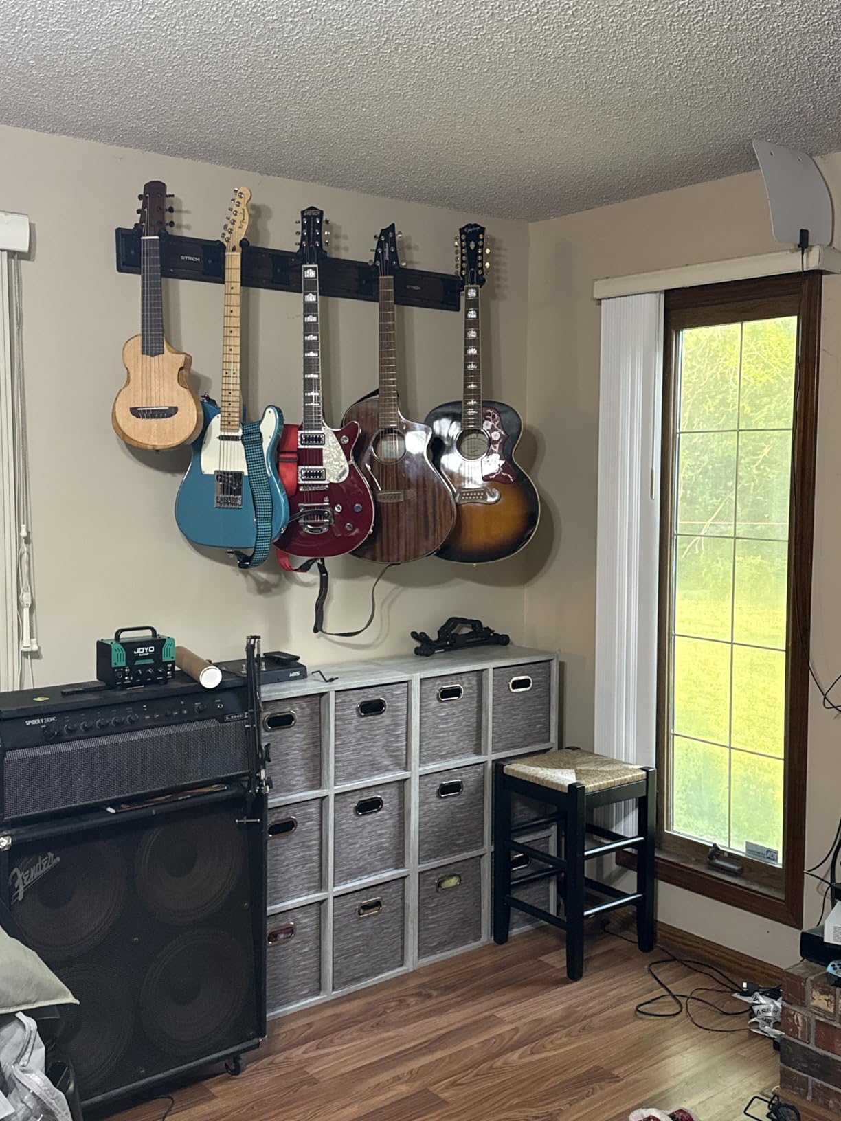 STRICH Guitar Wall Mount Hangers for Multiple Guitars, Holds 8 Guitars, Walnut Wood Grain, Strong Aluminum Metal Guitar Stand Rack Bass Holder, Adjustable Instruments Display Set, SMH-08W Customer Review STRICH Guitar Wall Mount Hangers for Multiple Guitars, Holds 8 Guitars, Walnut Wood Grain, Strong Aluminum Metal Guitar Stand Rack Bass Holder, Adjustable Instruments Display Set, SMH-08W - Customer Photo 2