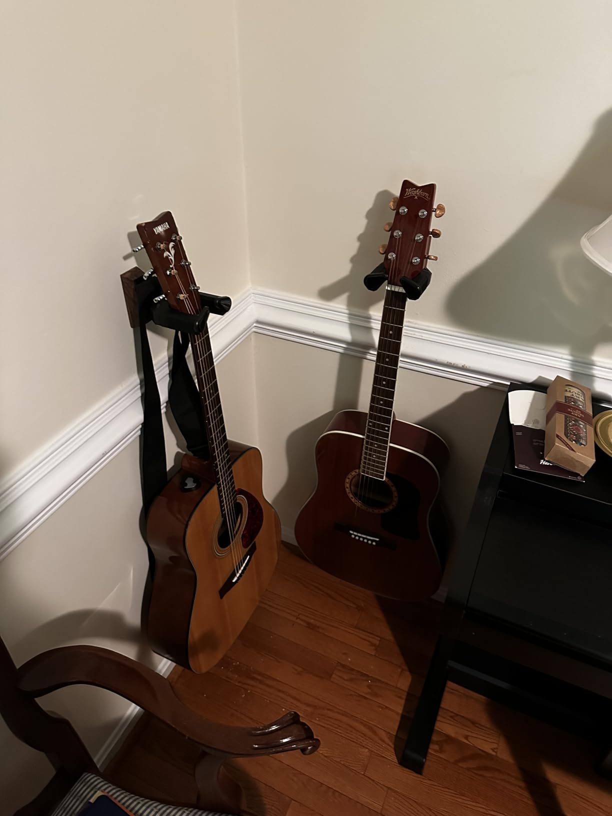 Guitar Wall Mount 2 Pack, Auto Lock Black Walnut Wood Guitar Hanger, Guitar Wall Hangers, Guitar Holder Hook Wall Stand for Classical, Acoustic, Electric Guitar, Banjo, Bass, Gift for Guitar Player Customer Review Guitar Wall Mount 2 Pack, Auto Lock Black Walnut Wood Guitar Hanger, Guitar Wall Hangers, Guitar Holder Hook Wall Stand for Classical, Acoustic, Electric Guitar, Banjo, Bass, Gift for Guitar Player - Customer Photo 1