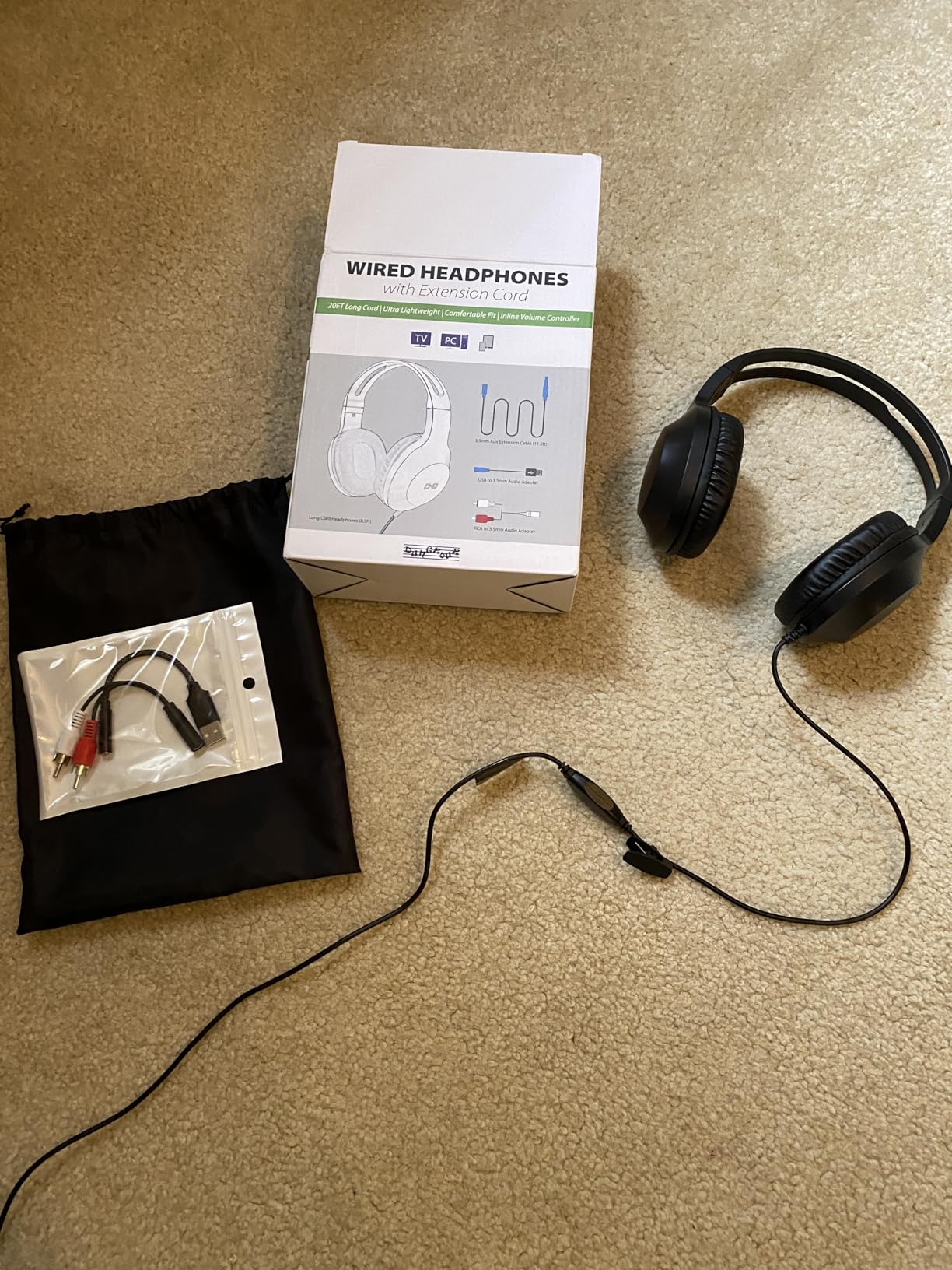 20Ft Extra Long Cord Headphones for TV & PC with Volume Control, Wired TV Headset with Extension Cable, 3.5mm Aux Jack with USB & RCA Adapters for More TVs, Senior Friendly Customer Review 20Ft Extra Long Cord Headphones for TV & PC with Volume Control, Wired TV Headset with Extension Cable, 3.5mm Aux Jack with USB & RCA Adapters for More TVs, Senior Friendly - Customer Photo 1