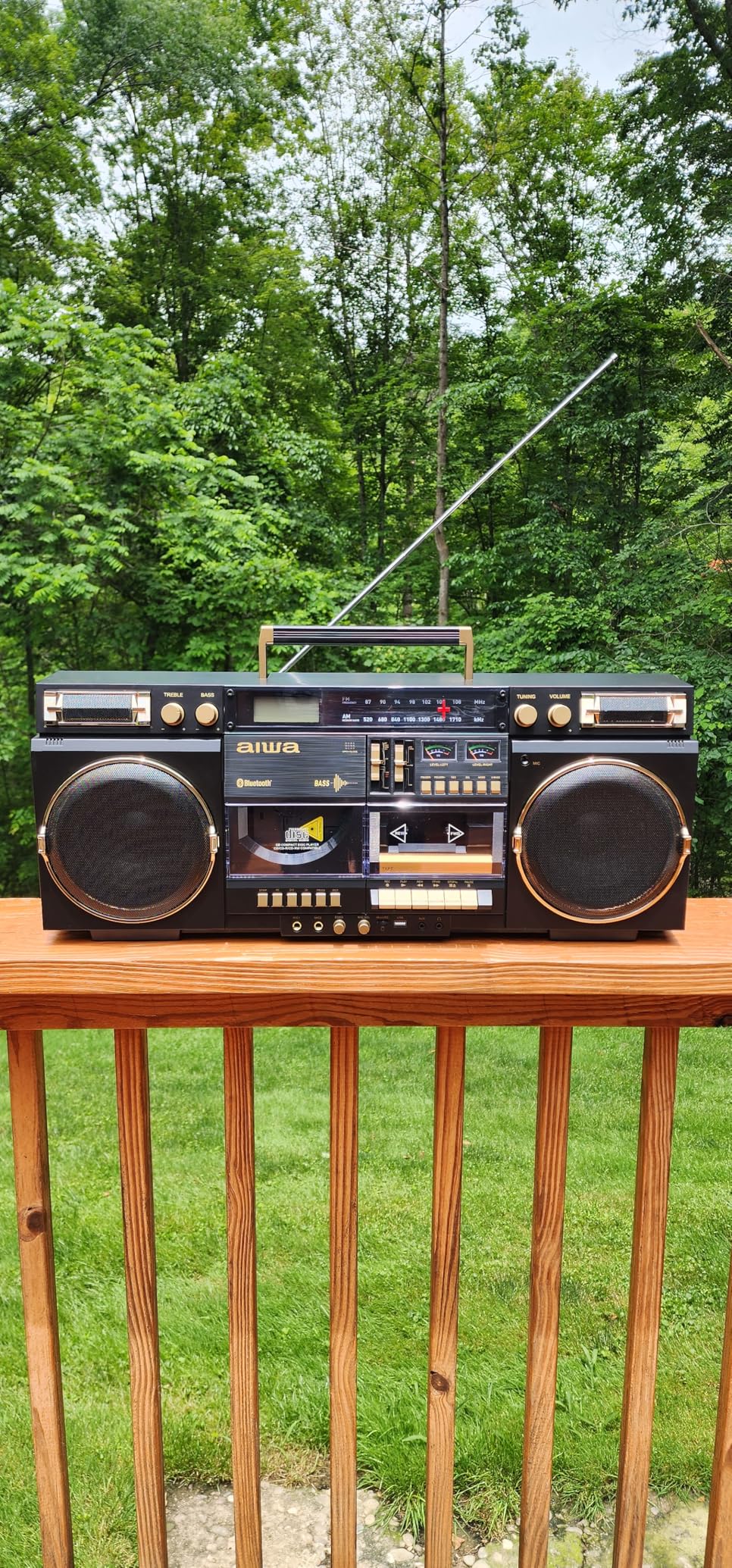 aiwa Retro Boombox BackTrack CD Player with Cassette Recording, Bluetooth 5.0, FM/AM Radio, USB/SD/AUX Inputs, VU Meters, LCD Display, Dual 40W Speakers (Black and Gold) - Customer Photo 3