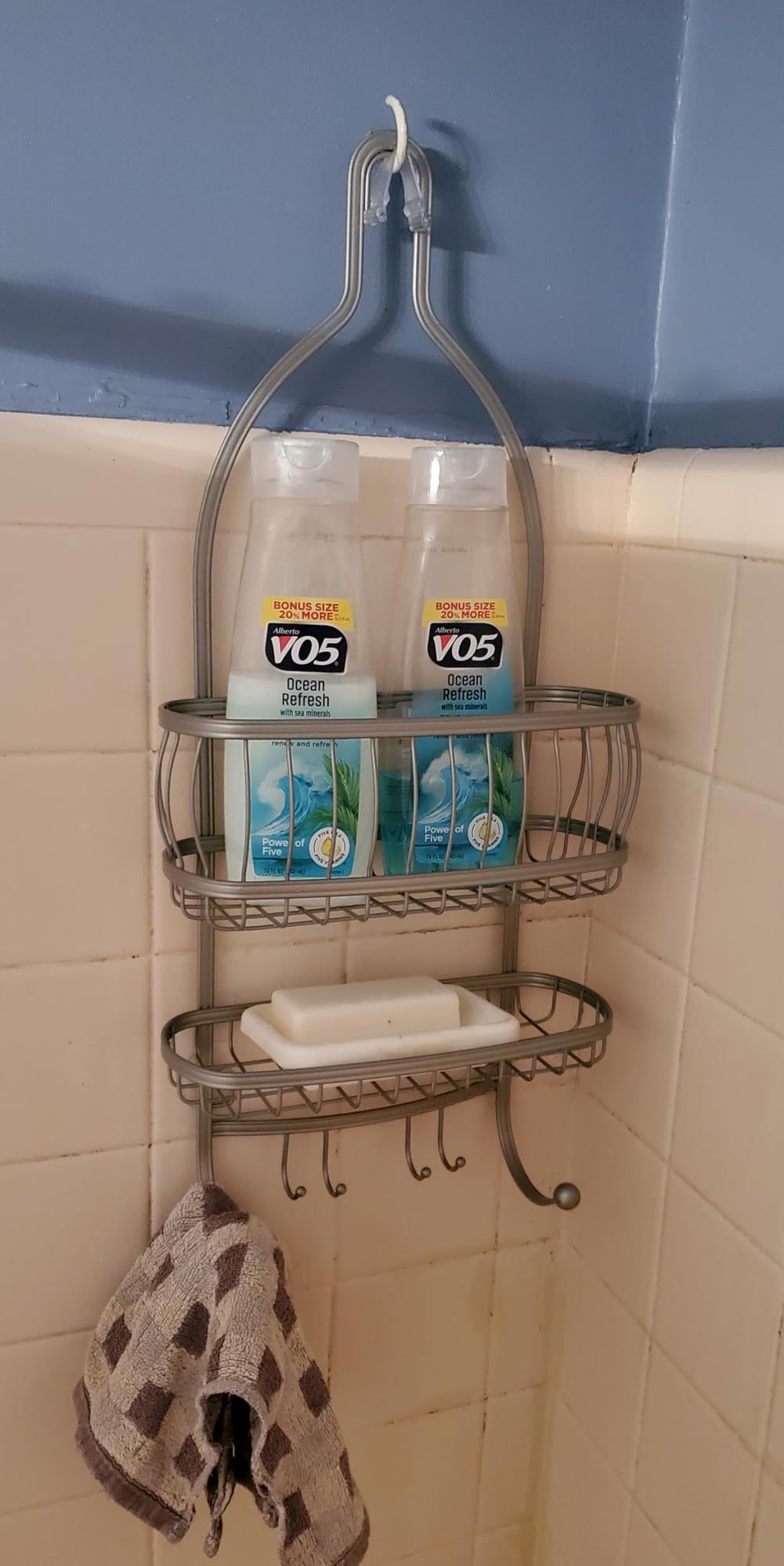 iDesign York Metal Wire Hanging Shower Caddy, Extra Wide Space for Shampoo, Conditioner, and Soap with Hooks for Razors, Towels, and More, 9.75