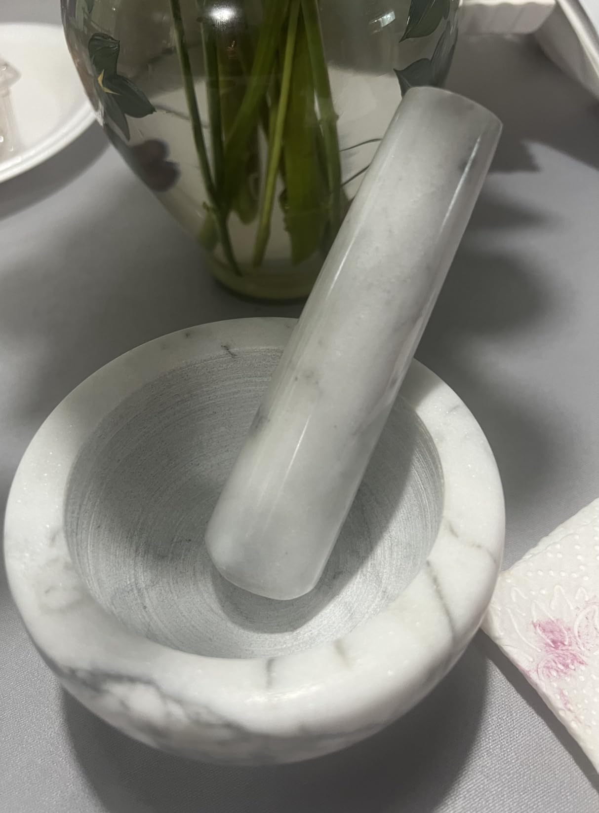 HIC Kitchen Mortar and Pestle Set, Solid Carrara Marble, 3.8-Inch, Spice Herb Grinder, Pill Crusher, Nut Butter Maker - Customer Photo 2