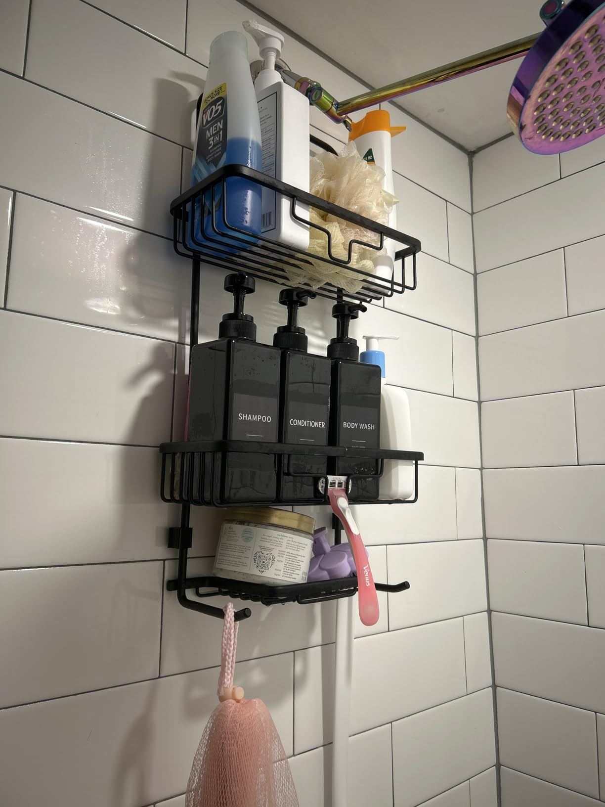 Zenna Home Rustproof Hanging Shower Caddy, Over the Shower Head Caddy with 2 Shelves and Built In Hooks, Aluminum Bathroom Hanging Organizer, Satin Chrome - Customer Photo 4