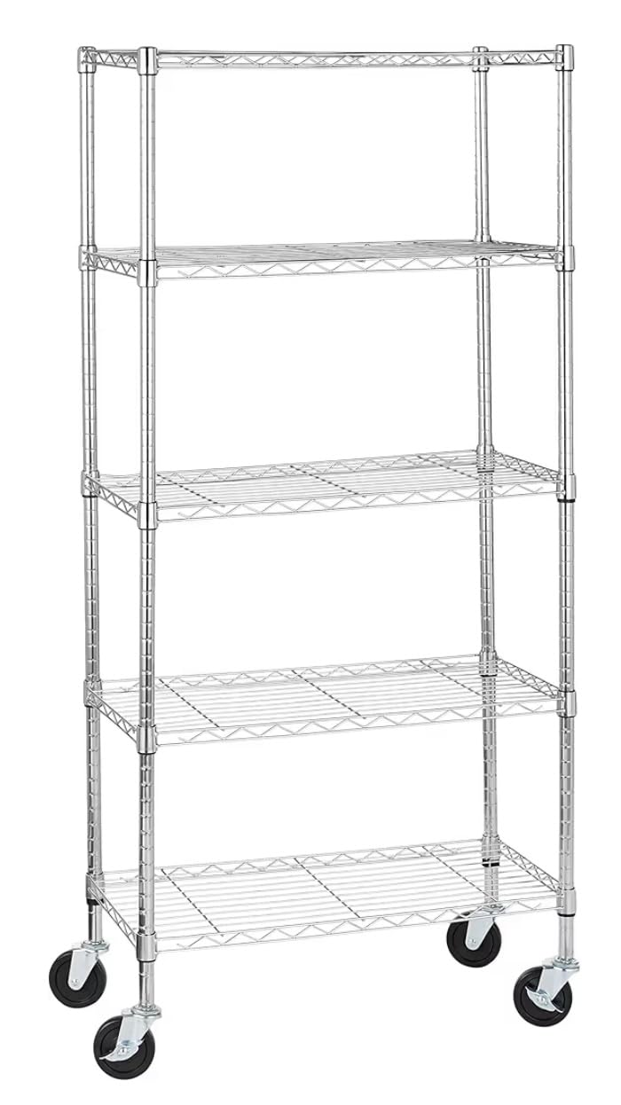 Amazon Basics 5-Shelf Adjustable Heavy Duty Steel Wire Rack, Space Saving Storage Shelving Organizer for Kitchen, Garage, No-Tool Assembly, 350 lbs Weight Capacity, 36
