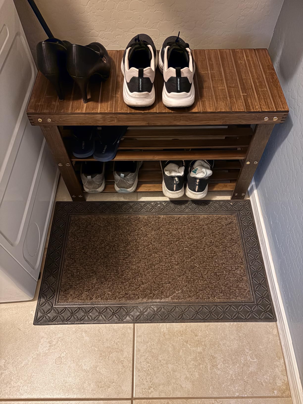 SONGMICS Shoe Rack Bench, 3-Tier Bamboo Shoe Storage Organizer, Entryway Bench, Holds Up to 286 lb, 11.3 x 27.6 x 17.8 Inches, for Entryway Bathroom Bedroom, Ink Black ULBS04H customer photo 1