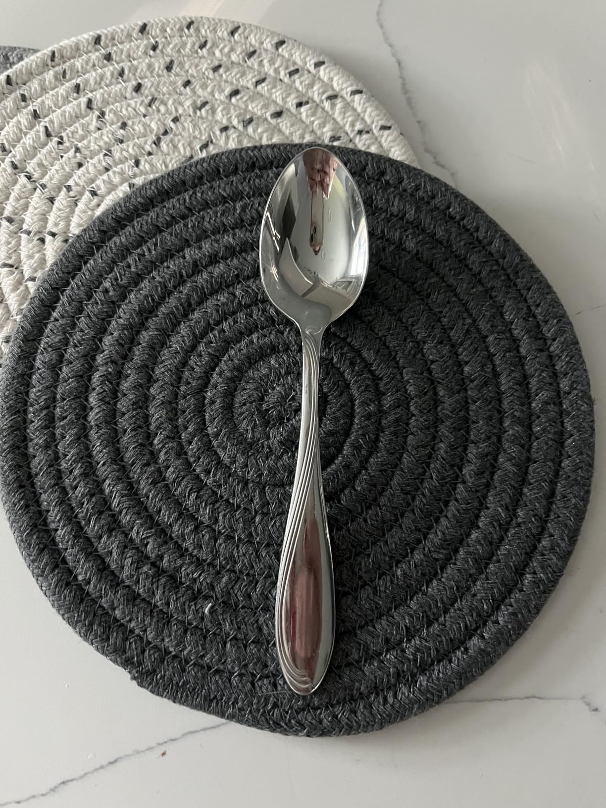 Potholders Set Trivets Set 100% Pure Cotton Thread Weave Hot Pot Holders Set (Set of 3) Stylish Coasters, Hot Pads, Hot Mats,Spoon Rest For Cooking and Baking by Diameter 7 Inches (Gray) Customer Review Potholders Set Trivets Set 100% Pure Cotton Thread Weave Hot Pot Holders Set (Set of 3) Stylish Coasters, Hot Pads, Hot Mats,Spoon Rest For Cooking and Baking by Diameter 7 Inches (Gray) - Customer Photo 2