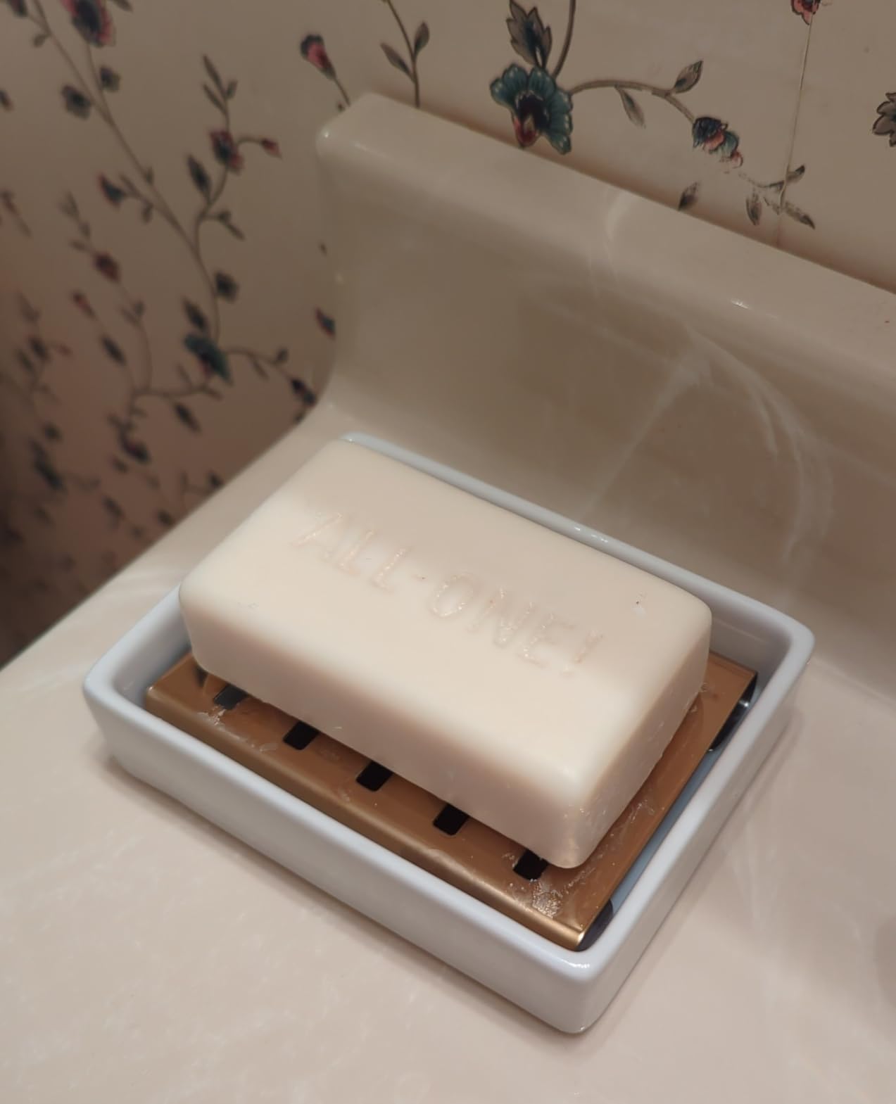 Lofekea Ceramic Soap Dish Gold Stainless Steel Soap Holder for Shower and Bathroom Double Layer Draining Soap Box - Customer Photo 1