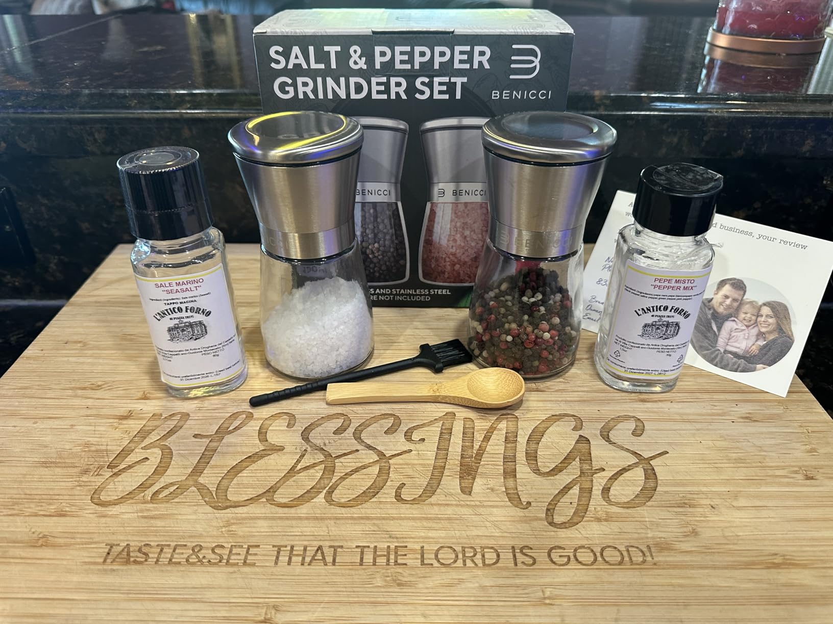 Beautiful Stainless Steel Salt and Pepper Grinder Set of 2 - Pepper Mill & Salt Mill with Adjustable Coarseness - Glass Spice Shakers - Easy Clean Ceramic Grinders w/Spoon & Cleaning Brush - Customer Photo 1