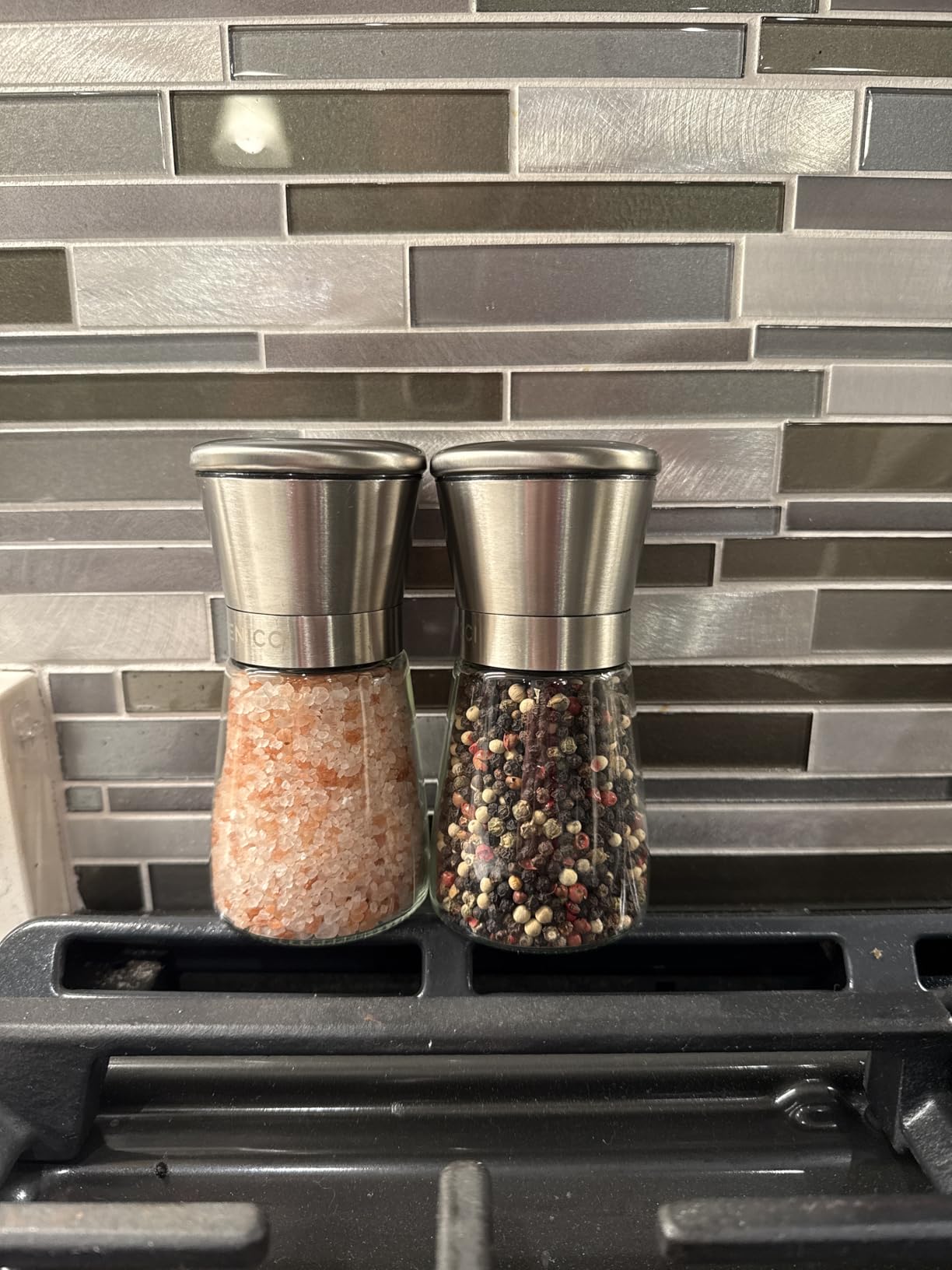 Beautiful Stainless Steel Salt and Pepper Grinder Set of 2 - Pepper Mill & Salt Mill with Adjustable Coarseness - Glass Spice Shakers - Easy Clean Ceramic Grinders w/Spoon & Cleaning Brush - Customer Photo 2