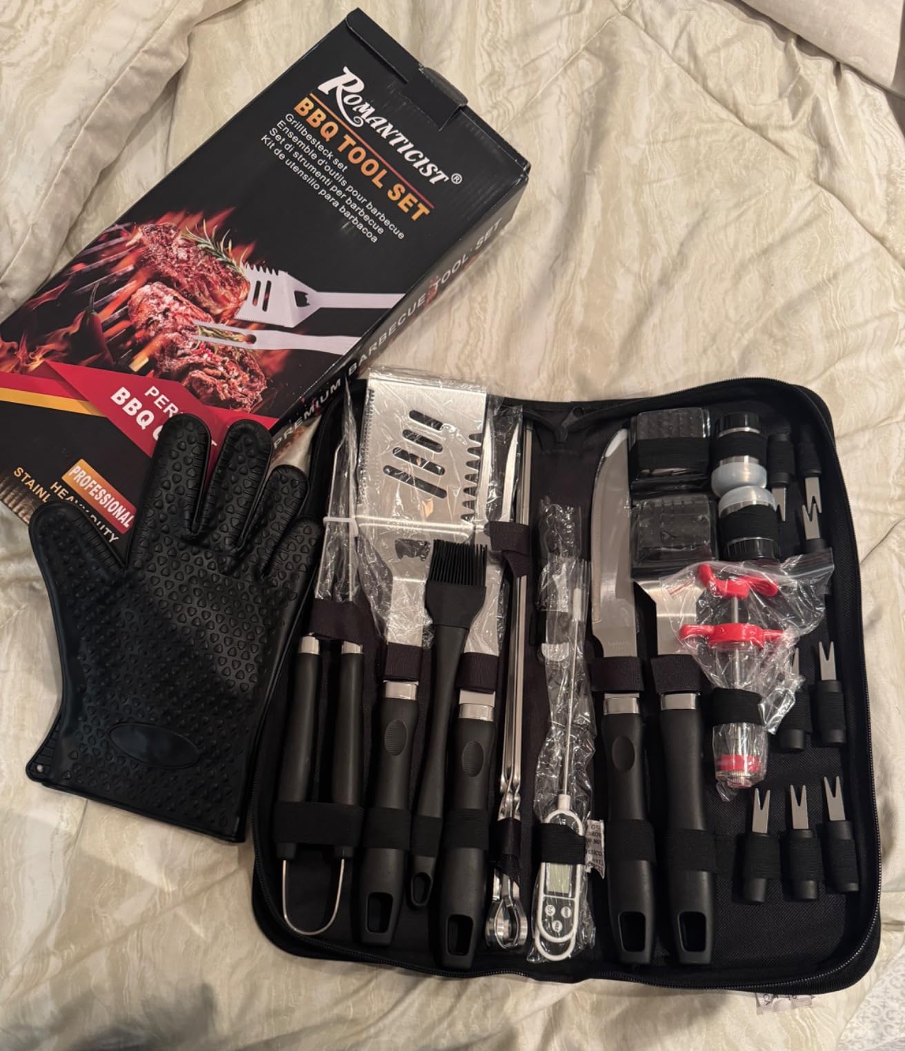 ROMANTICIST 27pcs Heavy Duty Grilling Gifts for Men Dad Valentines Day, Extra Thick BBQ Accessories Tools Set, Stainless Steel Grill Utensils Kit with Meat Claws,Canvas Bag for Outdoor Camping Brown - Customer Photo 1