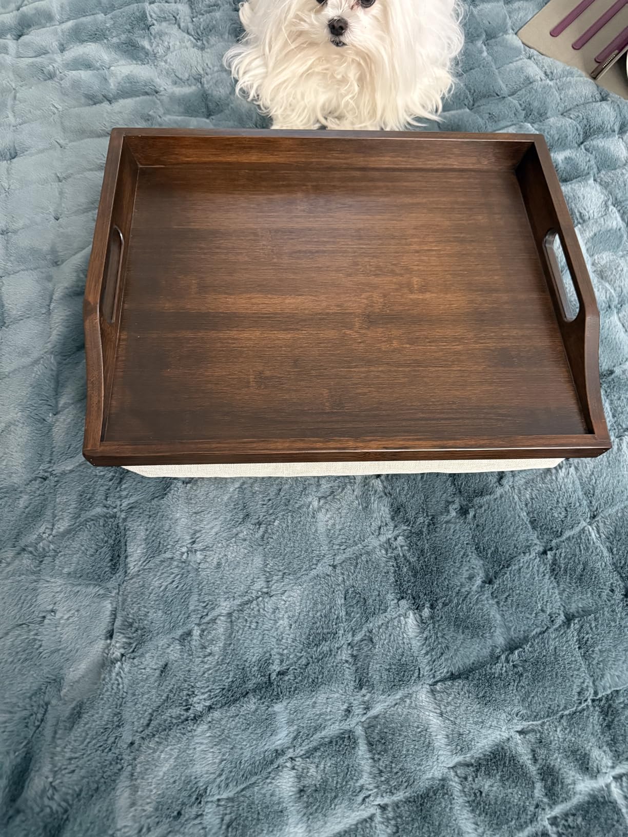 ROSSIE HOME Acacia Wood Bed Tray, Lap Desk with Detachable Cushion, Serving Tray - Natural - Fits up to 15.6 Inch Laptops - Customer Photo 2