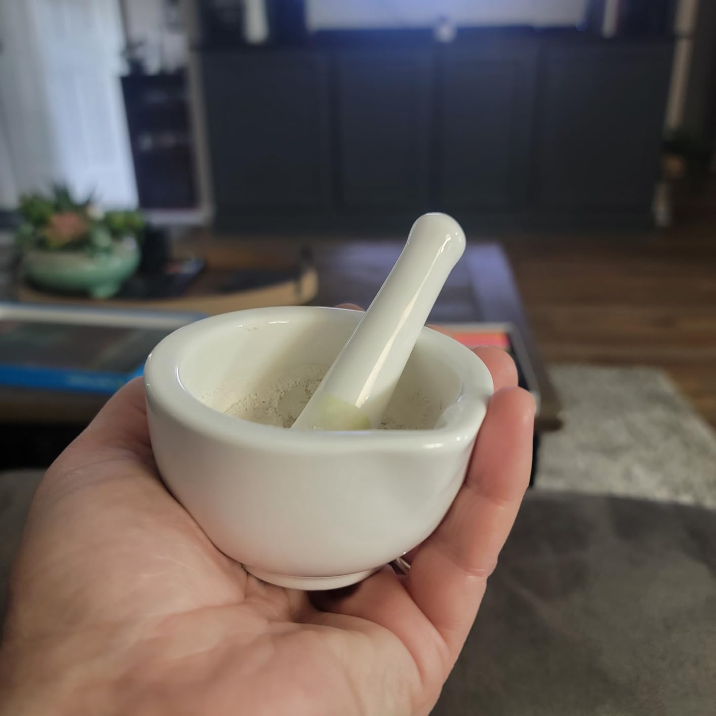 LEETOYI Porcelain Mortar and Pestle, Ceramic Herb Grinder Pill Crusher Set (4.6 inch) - Customer Photo 2