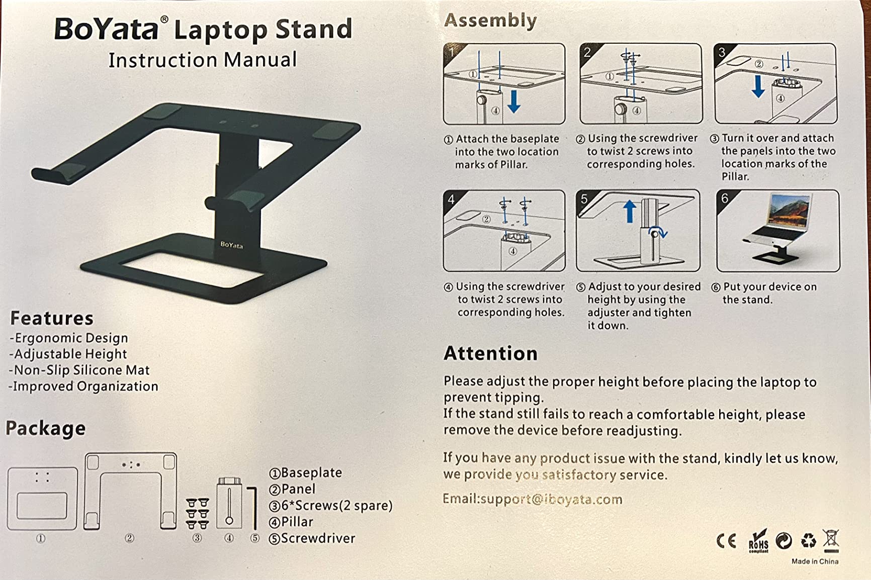 BoYata Laptop Stand, Ergonomic Aluminum Height Adjustable Computer Stand Laptop Riser Holder for Desk, Compatible with MacBook Pro/Air, Dell, Lenovo, HP, Samsung, More Laptops 11-17