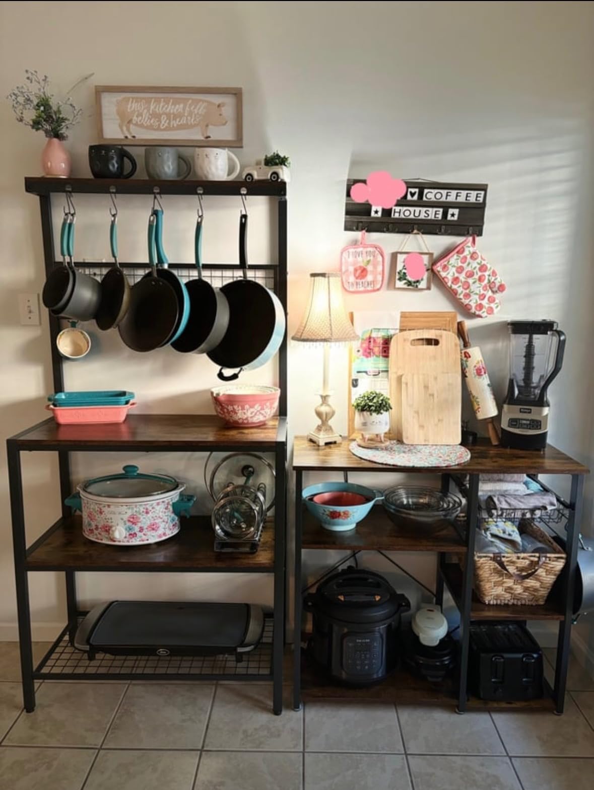 VASAGLE Bakers Rack, Coffee Bar, Kitchen Storage Shelf Rack with 10 Hooks, 3 Shelves, Adjustable Feet, for Microwave Oven, 15.7 x 33.1 x 66.9 Inches, Industrial, Greige and Black - Customer Photo 1