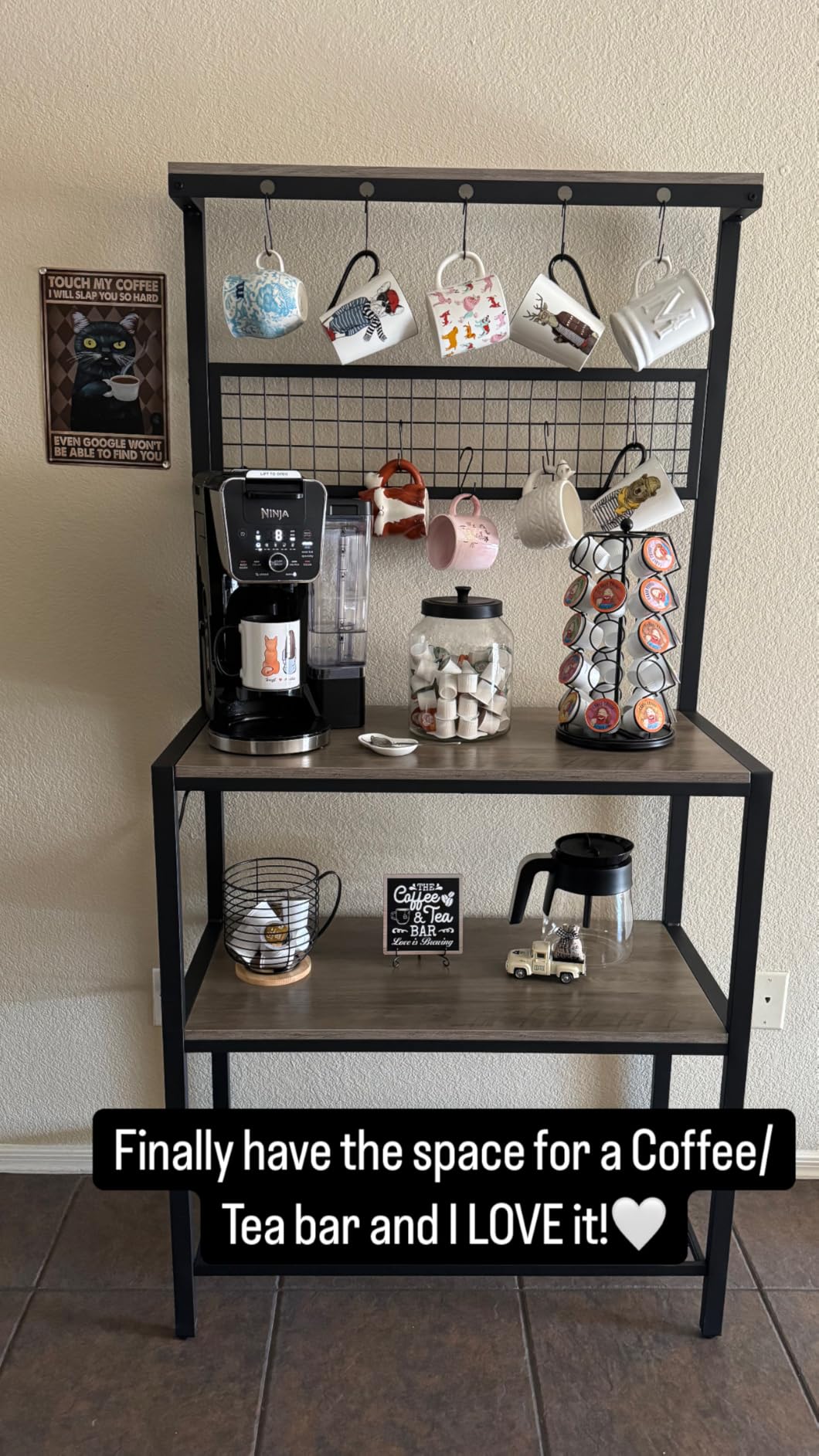VASAGLE Bakers Rack, Coffee Bar, Kitchen Storage Shelf Rack with 10 Hooks, 3 Shelves, Adjustable Feet, for Microwave Oven, 15.7 x 33.1 x 66.9 Inches, Industrial, Greige and Black - Customer Photo 2