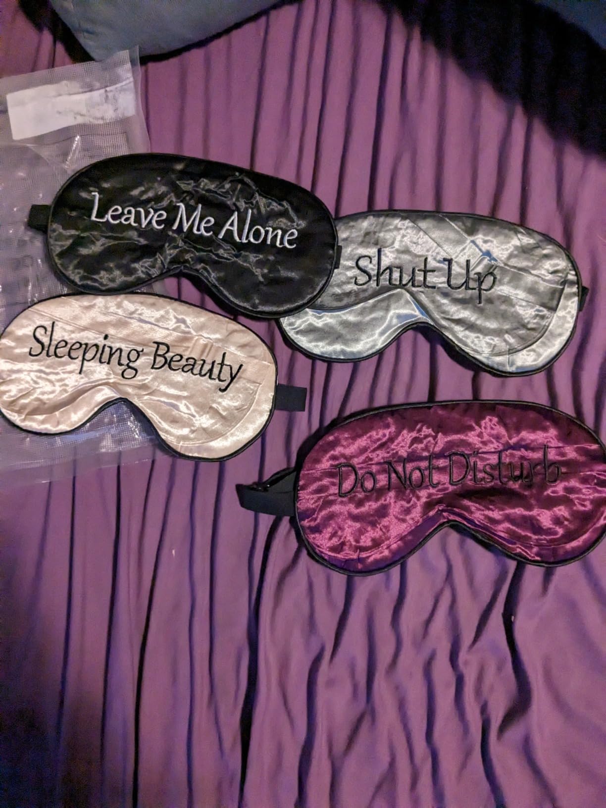 Geyoga 4 Pieces Funny Eye Mask for Sleep Soft Satin Eye Mask Blackout Blindfold with Adjustable Strap Silk Cover Out Lights for Women Men Travel, Nap, Meditation - Customer Photo 1