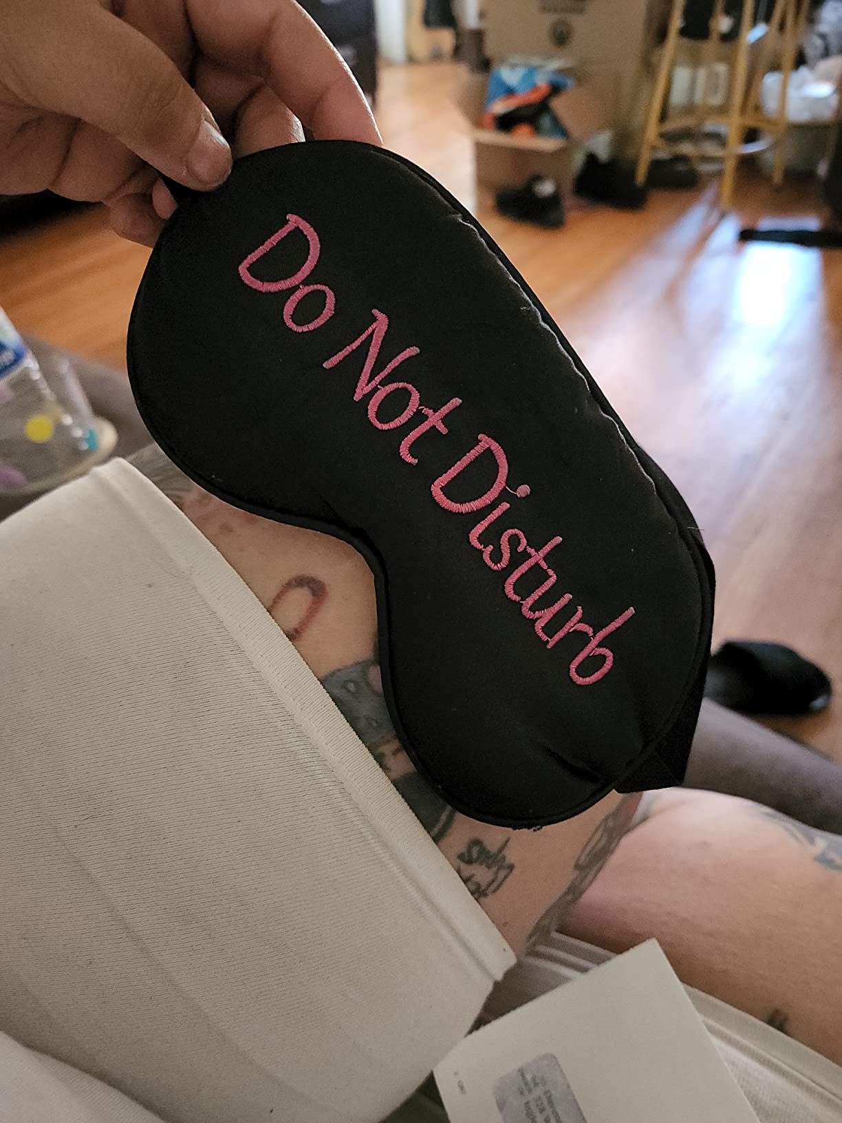 Geyoga 4 Pieces Funny Eye Mask for Sleep Soft Satin Eye Mask Blackout Blindfold with Adjustable Strap Silk Cover Out Lights for Women Men Travel, Nap, Meditation - Customer Photo 2