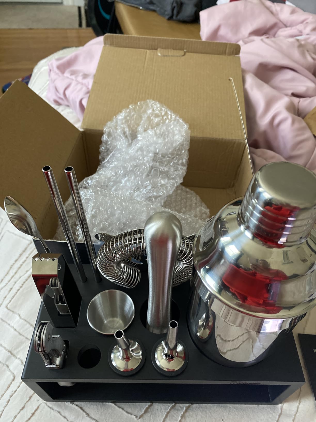 Mixology Bartender Kit with Stand - 15 Piece Bar Tool Set, Silver Bar Set Cocktail Shaker Set for Drink Mixing - Includes Martini Shaker, Jigger, Strainer, Bar Mixer Spoon, Tongs, Opener | Gift Idea - Customer Photo 1