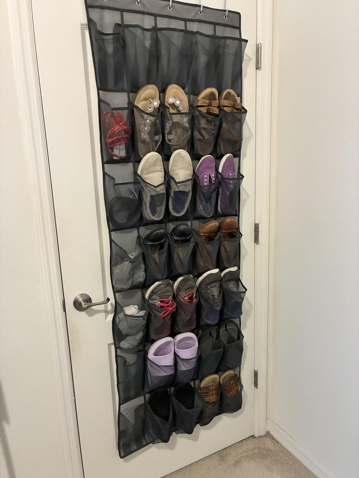 GORILLA GRIP Over the Door Shoe Organizer, 24 Large Breathable Mesh Pockets, Space Saving Hanging Storage Holder, Closet Rack Hanger Holds Up to 40 lbs, Hangs on Closets for Shoes, Accessories, Grey - Customer Photo 4