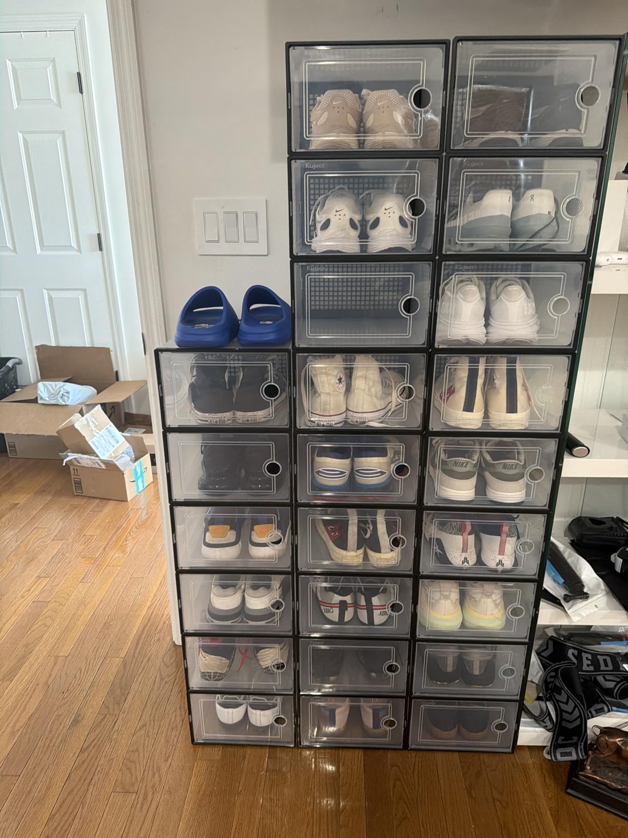 Kuject X-Large Shoe Storage Boxes Organizers Clear Plastic Stackable 12 Pack, Shoe Rack & Holder Substitute, Sneaker Containers, Toy Storage Organizer Bins for Entryway, Closet, Under Bed, Black - Customer Photo 1