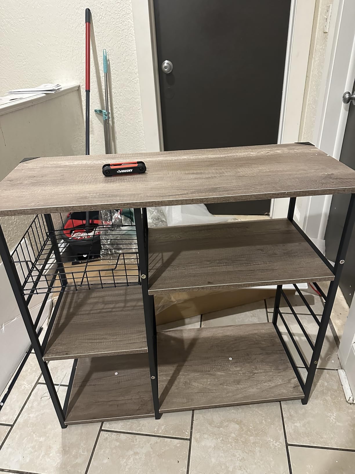 Yaheetech Kitchen Bakers Rack with Wire Basket, Coffee Bar Table Station Microwave Oven Stand Kitchen Utility Storage Shelf with 6 S-Shaped Side Hooks, Metal Frame, 15''D x 35.5''W x 33''H, Gray - Customer Photo 1