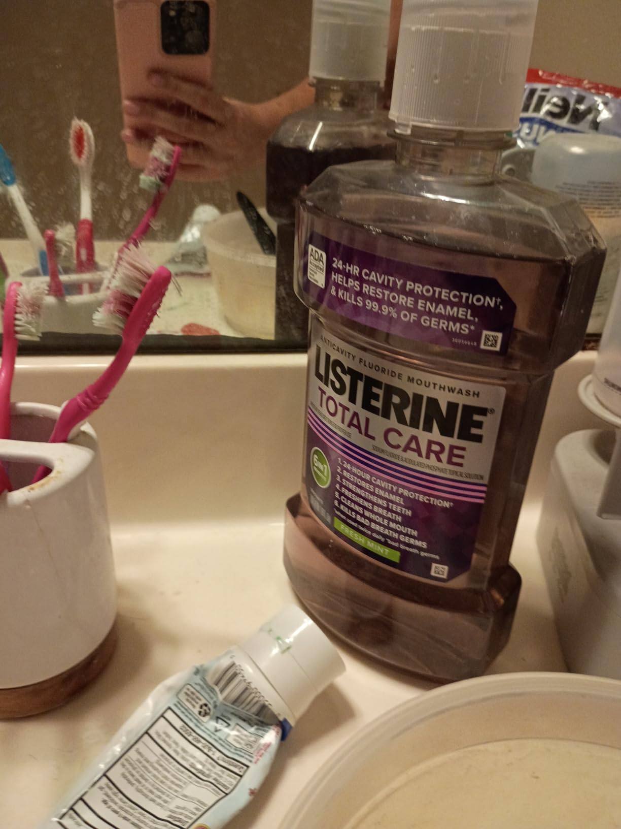 Listerine Total Care Anticavity Fluoride Mouthwash, 6-in-1 Rinse Helps Kill 99% of Bad Breath Germs, Prevents Cavities, Strengthens Teeth, Bad Breath Treatment for Adults, Fresh Mint, Twin Pack, 2x1 L Customer Review Listerine Total Care Anticavity Fluoride Mouthwash, 6-in-1 Rinse Helps Kill 99% of Bad Breath Germs, Prevents Cavities, Strengthens Teeth, Bad Breath Treatment for Adults, Fresh Mint, Twin Pack, 2x1 L - Customer Photo 1