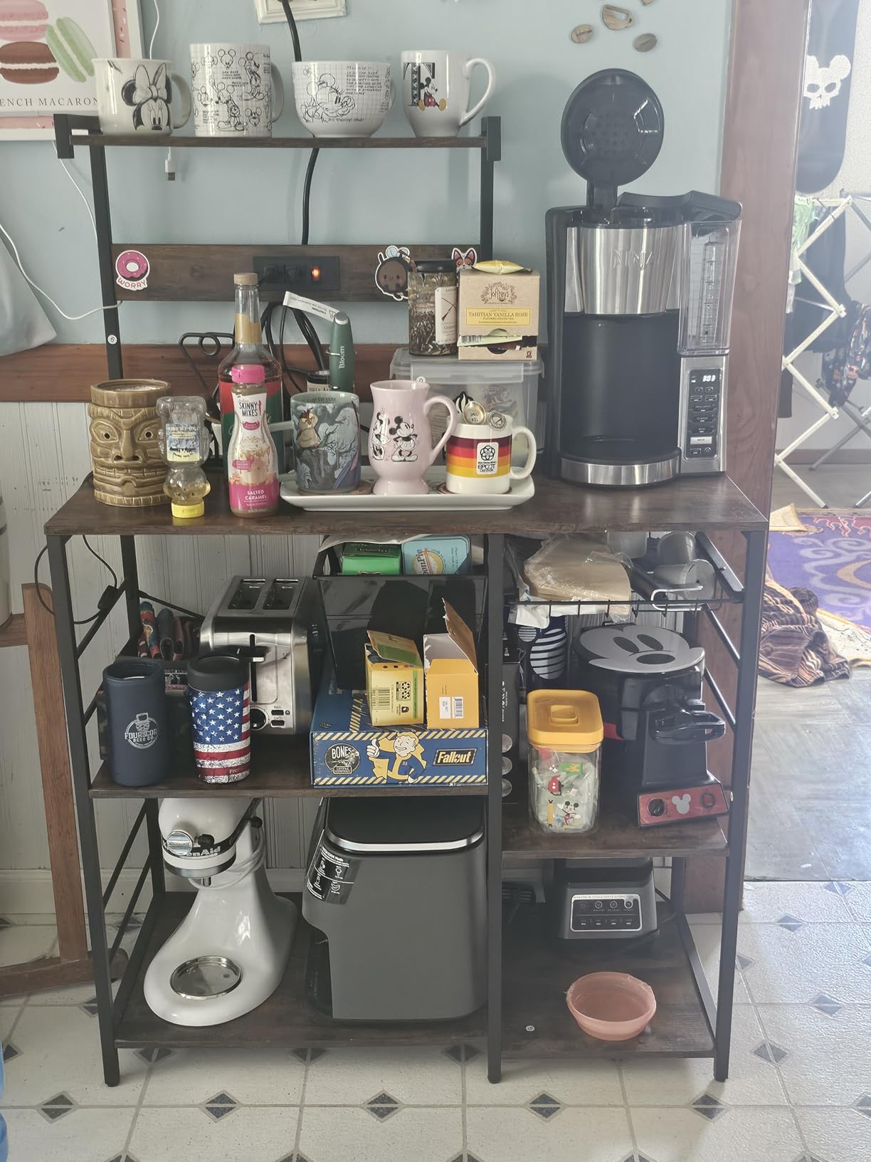SUPERJARE Bakers Rack with Power Outlet, Microwave Stand, Coffee Bar with Wire Basket, Kitchen Storage Rack with 6 S-Hooks, Kitchen Shelves for Spices, Pots and Pans - Charcoal Gray - Customer Photo 1