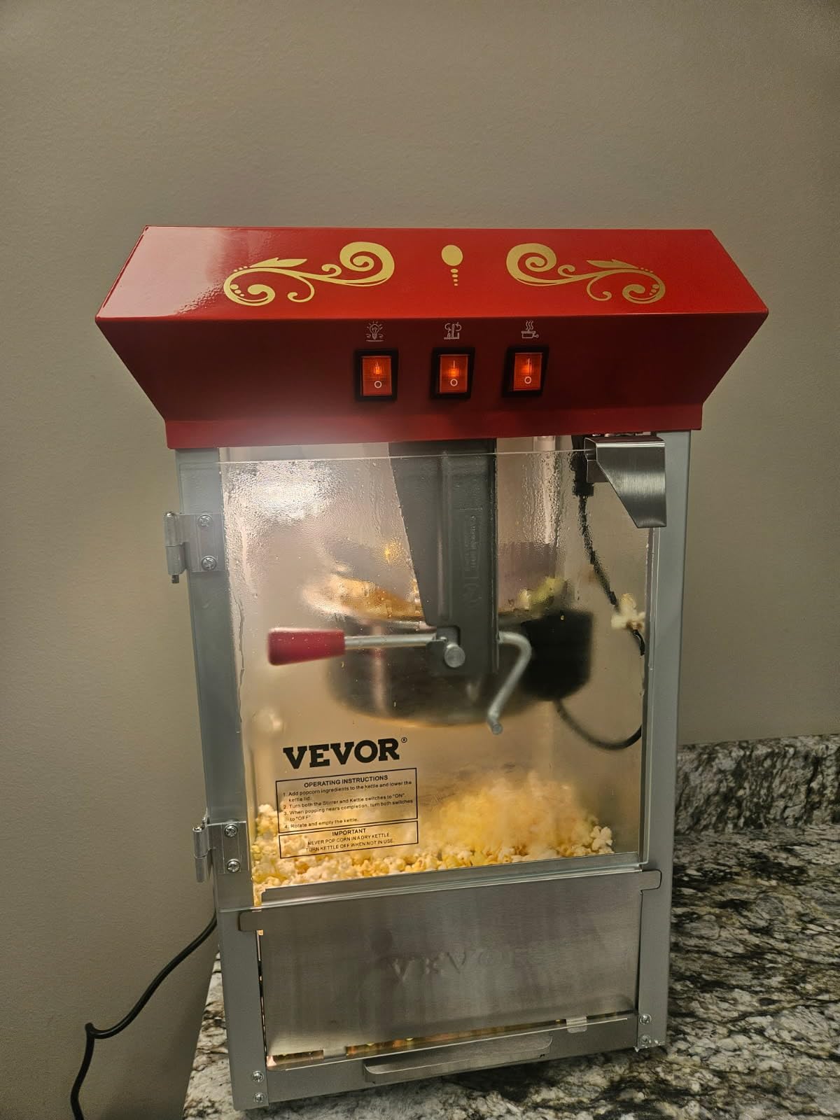 VEVOR Commercial Popcorn Machine, 8 Oz Kettle, 850 W Countertop Popcorn Maker for 48 Cups per Batch, Theater Style Popper with 3-Switch Control Steel Frame Tempered Glass Doors 2 Scoops 2 Spoons, Red - Customer Photo 1