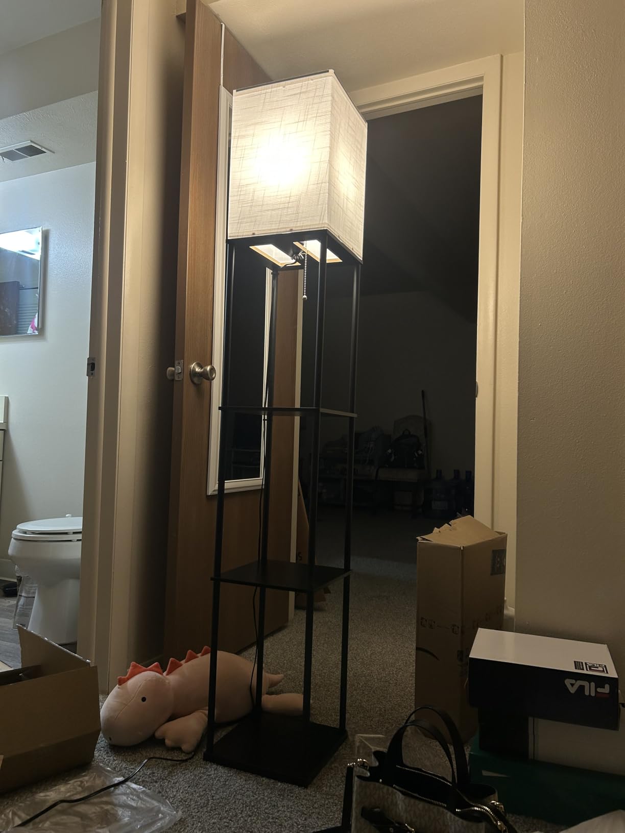 Floor Lamp with Shelves for Living Room, Shelf Floor Lamp with 3 CCT LED Bulb, Corner Display Standing Column Lamp Etagere Organizer Tower Nightstand with White Linen Shade for Bedroom, Office - Customer Photo 1
