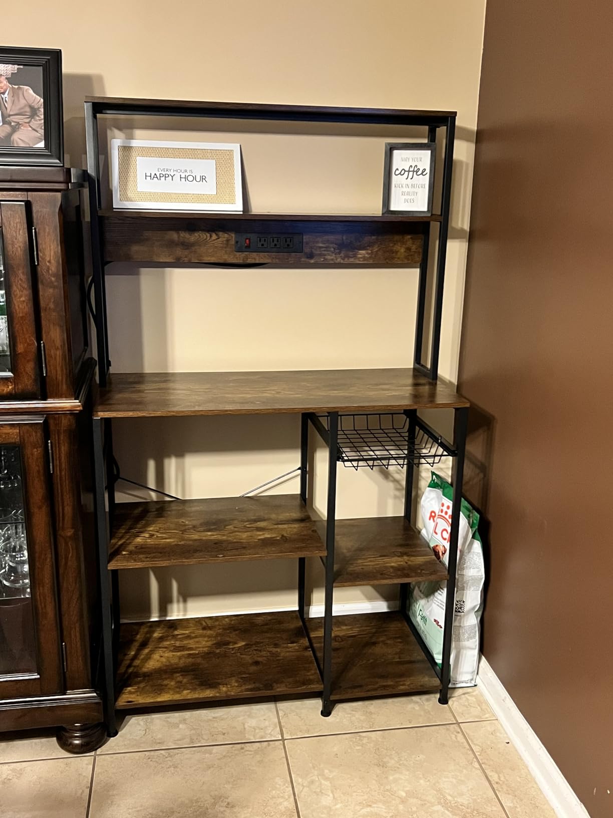 SUPERJARE Bakers Rack with Power Outlet, 35.4 Inches Coffee Bar with Wire Basket, Kitchen Microwave Stand with 6 S-Shaped Hooks, Open Storage Shelves, Rustic Brown - Customer Photo 1