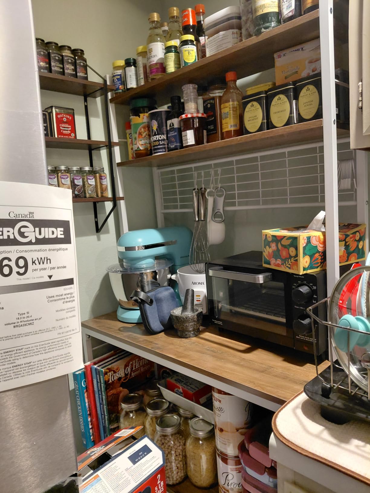 VASAGLE Bakers Rack with Power Outlet, Microwave Stand, Kitchen Tall Utility Storage Shelf, with Metal Wire Panel, 14 Hooks, 15.7 x 23.6 x 66.9 Inches, Rustic Brown and Ink Black - Customer Photo 1
