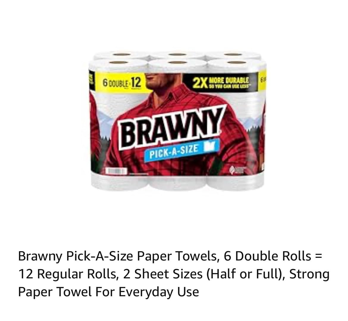 Brawny Pick-A-Size Paper Towels, 6 Double Rolls = 12 Regular Rolls, 2 Sheet Sizes (Half or Full), Strong Paper Towel For Everyday Use Customer Review Brawny Pick-A-Size Paper Towels, 6 Double Rolls = 12 Regular Rolls, 2 Sheet Sizes (Half or Full), Strong Paper Towel For Everyday Use - Customer Photo 1