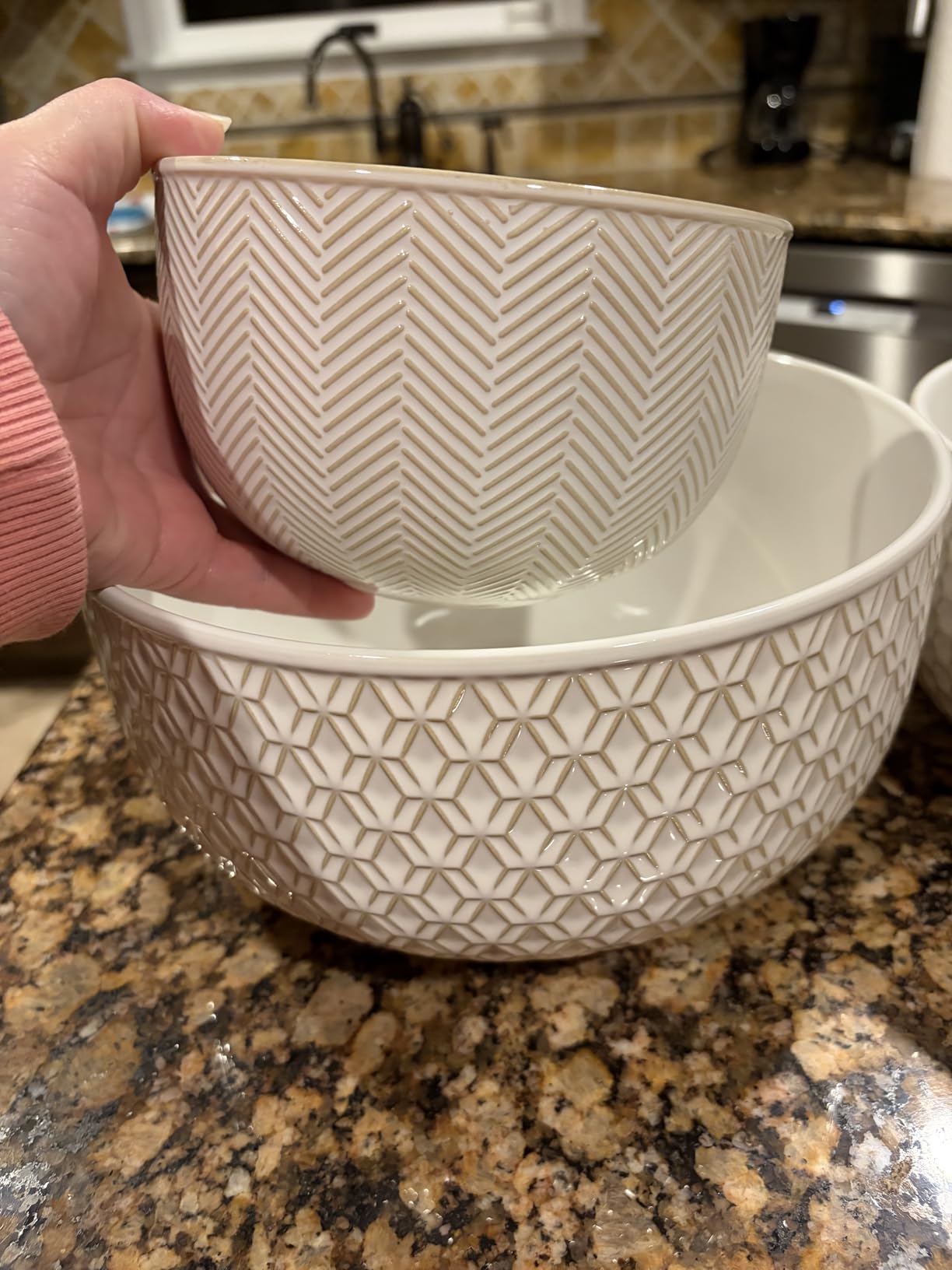 KooK Ceramic Mixing Bowls, Nesting Set of 4, Embossed Kitchen Dishware, Prep, Serving, Gift, Microwave and Dishwasher Safe, 20/44/98/145 oz, Narbonne Collection (Ivory) - Customer Photo 1
