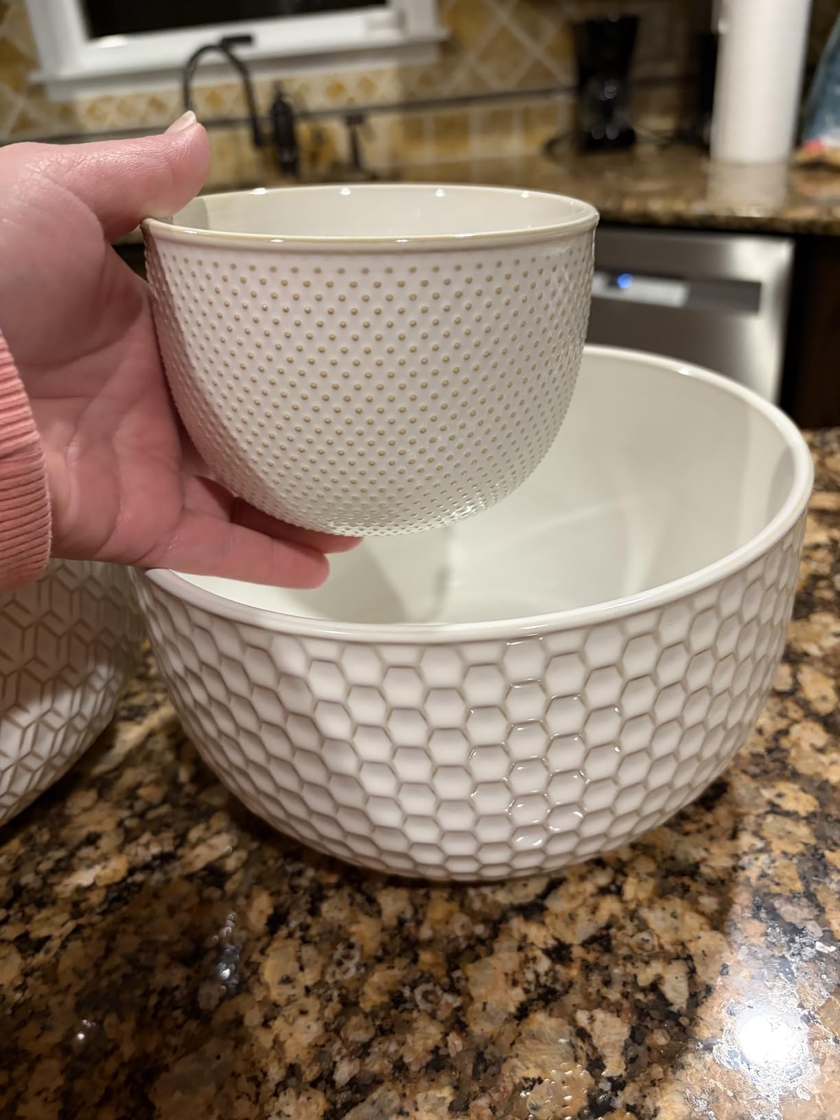 KooK Ceramic Mixing Bowls, Nesting Set of 4, Embossed Kitchen Dishware, Prep, Serving, Gift, Microwave and Dishwasher Safe, 20/44/98/145 oz, Narbonne Collection (Ivory) - Customer Photo 2