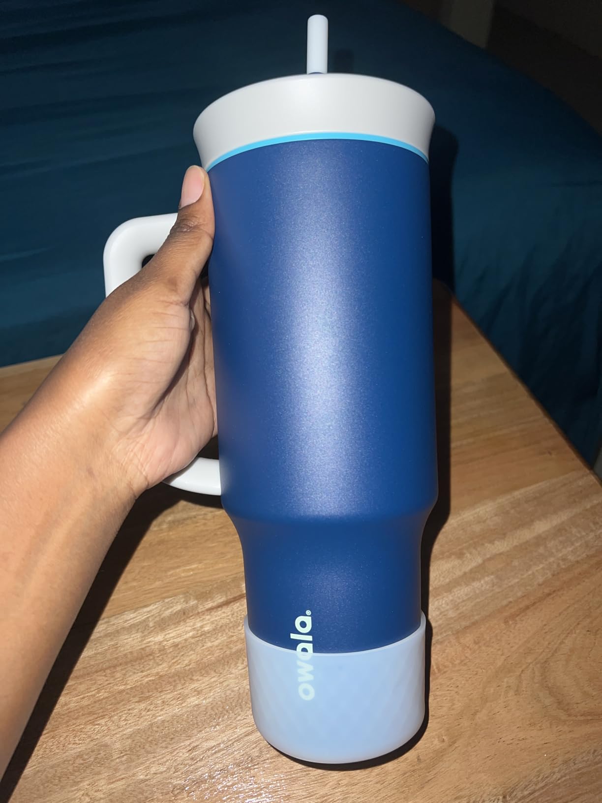 Owala Stainless Steel Triple Layer Insulated Travel Tumbler with Spill Resistant Lid and Straw, BPA Free, 24 oz, Grey/Blue (The Great Blue) - Customer Photo 1