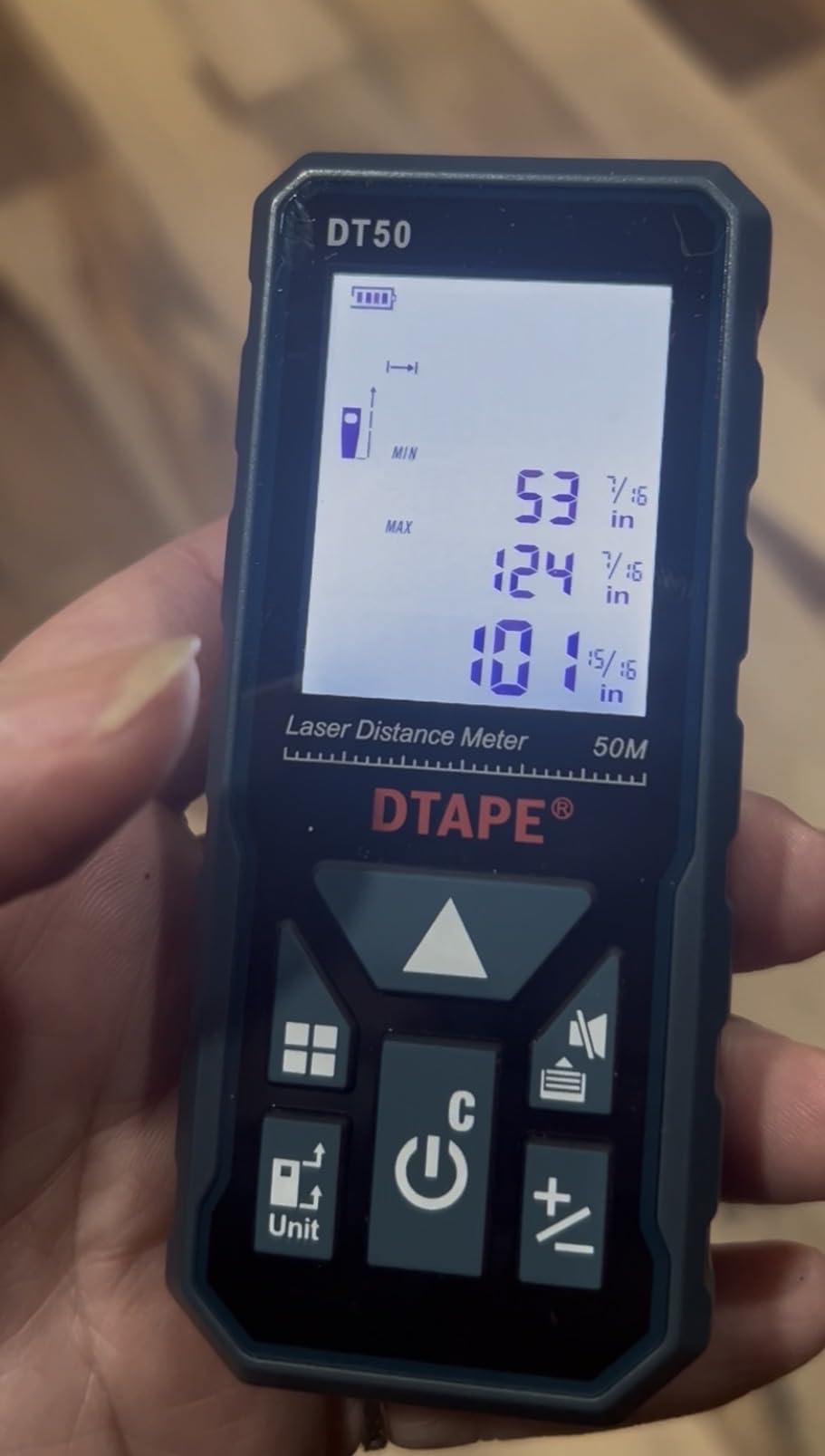 Laser Measure, DTAPE 165 Ft Digital Laser Distance Meter, Upgraded High-Accuracy Laser Measuring Tool, Electronic Tape Measure, 2 Backlit LCD Display, Area/Volume/Indirect Measurement, in/Ft/Ft+in/M customer photo 2