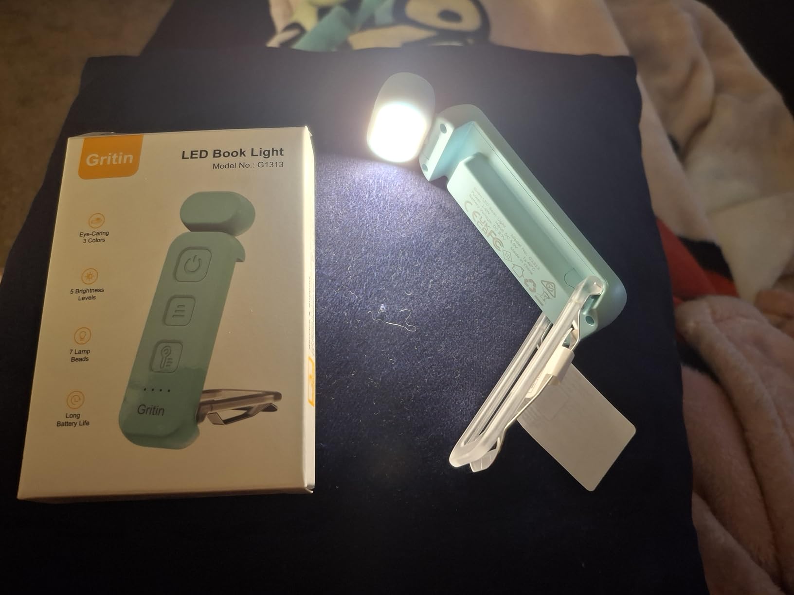 Gritin Reading Light, Rechargeable Book Light for Reading in Bed - Eye Caring 3 Color Temperatures, 5-Level Dimmable Brightness, Long Lasting, Compact Size Clip on Book Lamp for Bookworms-Blue - Customer Photo 1