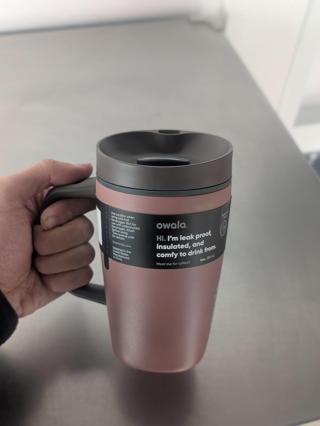 Owala SmoothSip Slider Insulated Stainless Steel Coffee Tumbler, Reusable Iced Coffee Cup, Hot Coffee Travel Mug, BPA Free 12 oz, Vanilla Bean - Customer Photo 2