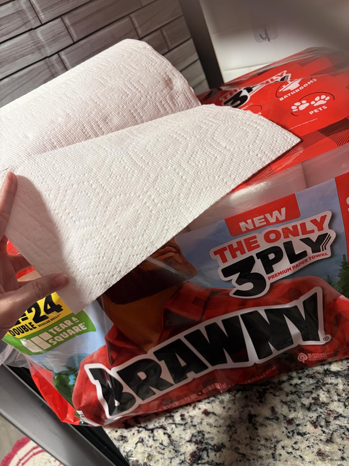 Brawny Tear-A-Square 3-Ply Paper Towels, 6 Double Rolls = 12 Regular Rolls, Strong, Absorbent, and Durable with 3 Sheet Sizes (Quarter, Half, Full) Customer Review Brawny Tear-A-Square 3-Ply Paper Towels, 6 Double Rolls = 12 Regular Rolls, Strong, Absorbent, and Durable with 3 Sheet Sizes (Quarter, Half, Full) - Customer Photo 2