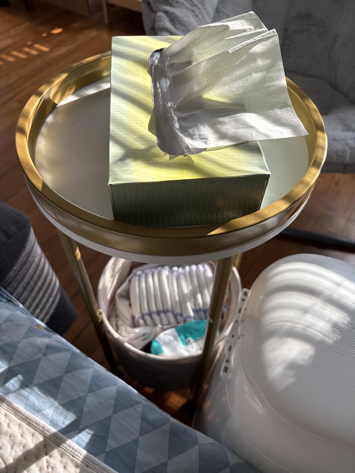 Small Round Side Table with Storage Basket, 2-Tier Round End Table for Living Room & Bedroom, 26 Small Round Side Table with Storage Basket, 2-Tier Round End Table for Living Room & Bedroom, 26