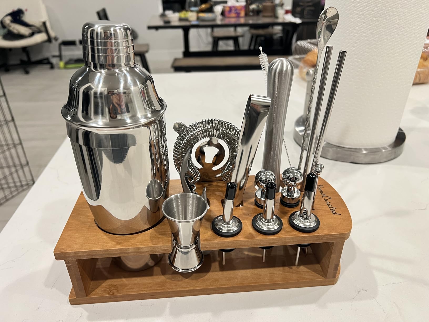 HomeCurated Cocktail Shaker Set, 24-Piece Bar Bartender Kit with Stand, Martini Shaker, Jigger, Strainer,Mixer Spoon,Muddler,Liquor Pourers,Tongs,Opener,LCE Ball Mold&LCE Cubes,Bottle Stoppers|Silver - Customer Photo 1