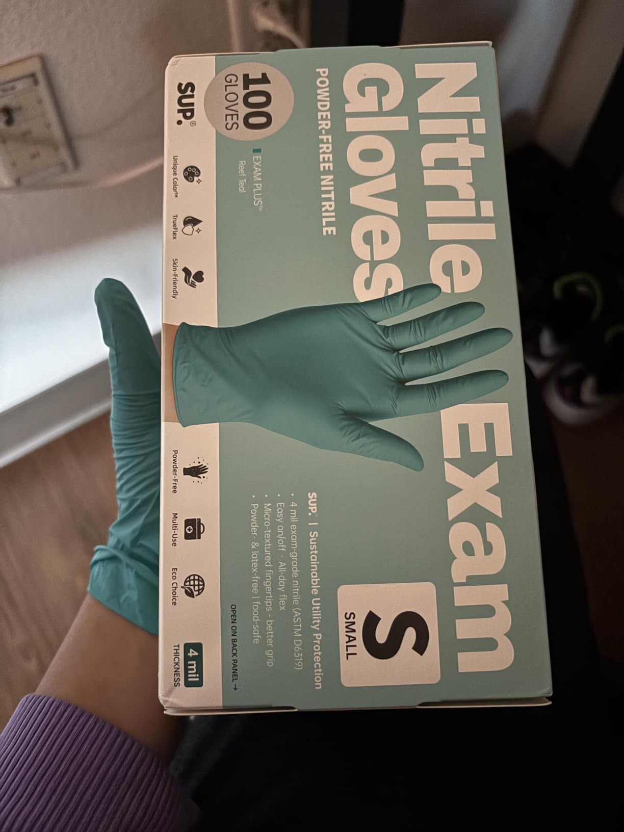 SUP Disposable Nitrile Gloves, Powder-Free Latex-Free Food Safe Food Prep Cooking Lab Home Cleaning Glove, Reef Teal, 100 Ct - Customer Photo 2