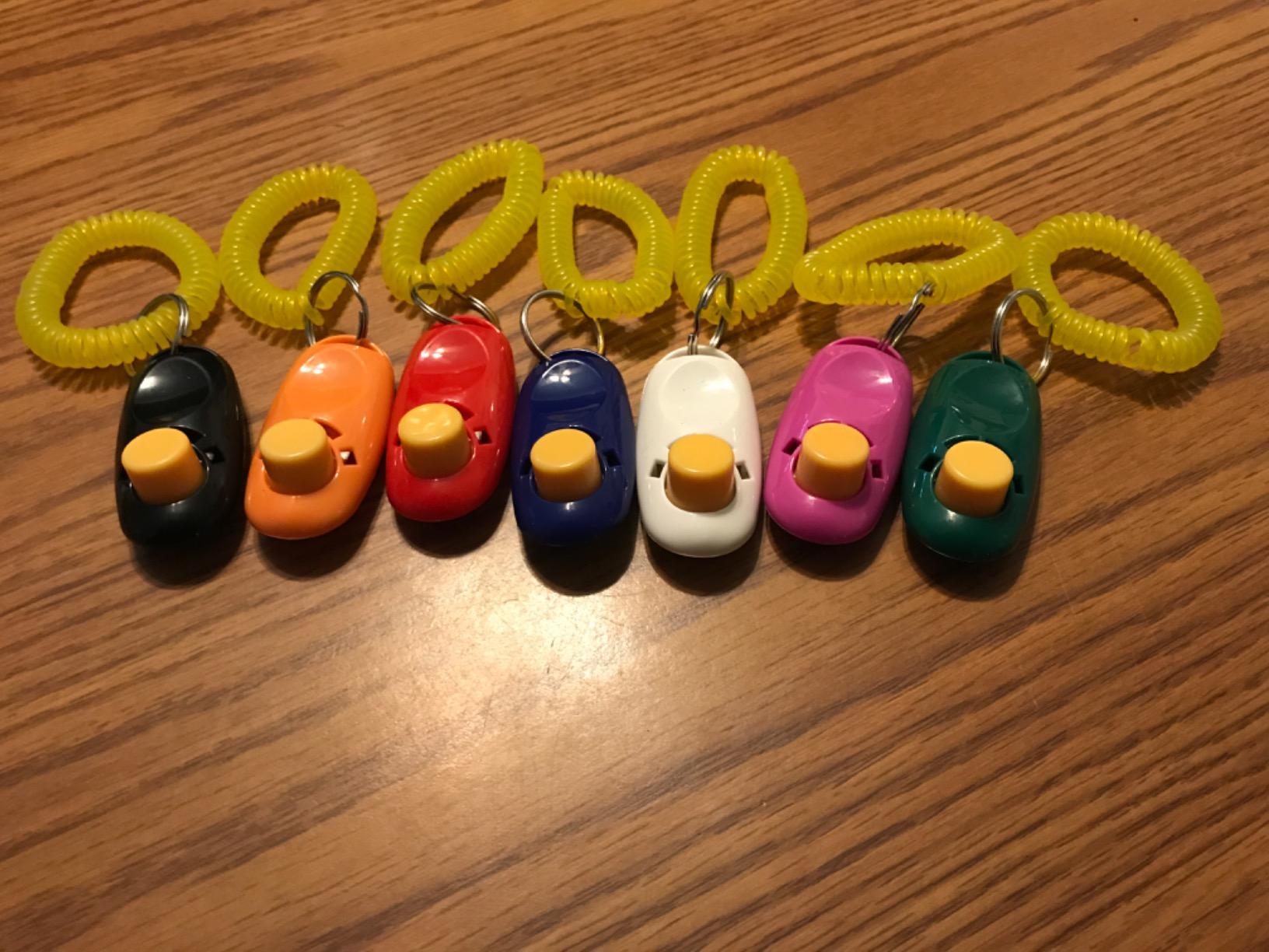Coolrunner 7pcs 7 Color Universal Animal Pet Dog Training Clicker with Wrist Bands Strap, Assorted Color Dog Clickers for Pet Dog Training & Obedience Aid customer photo 1