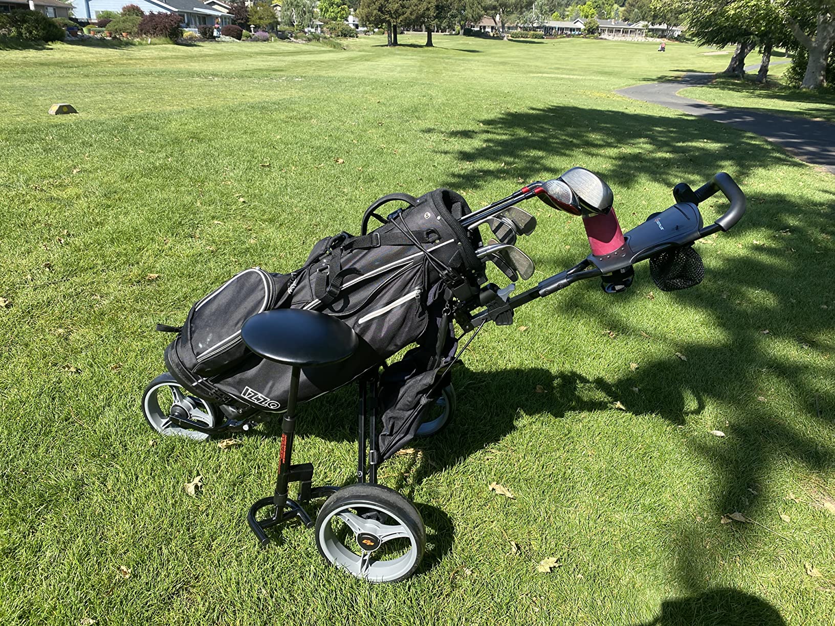 GYMAX Golf Push Cart, Foldable 3-Wheel Height Adjustable Lightweight Caddy Cart with Umbrella Holder, Hydraulic Seat, Storage Bag & Cup Holder, Golf Trolley for Club (Gray) customer photo 1