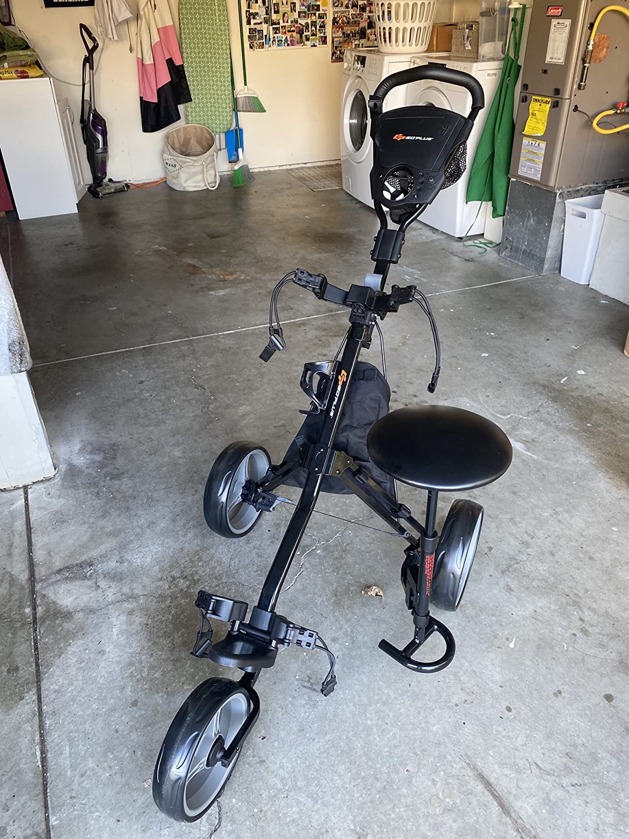GYMAX Golf Push Cart, Foldable 3-Wheel Height Adjustable Lightweight Caddy Cart with Umbrella Holder, Hydraulic Seat, Storage Bag & Cup Holder, Golf Trolley for Club (Gray) customer photo 2