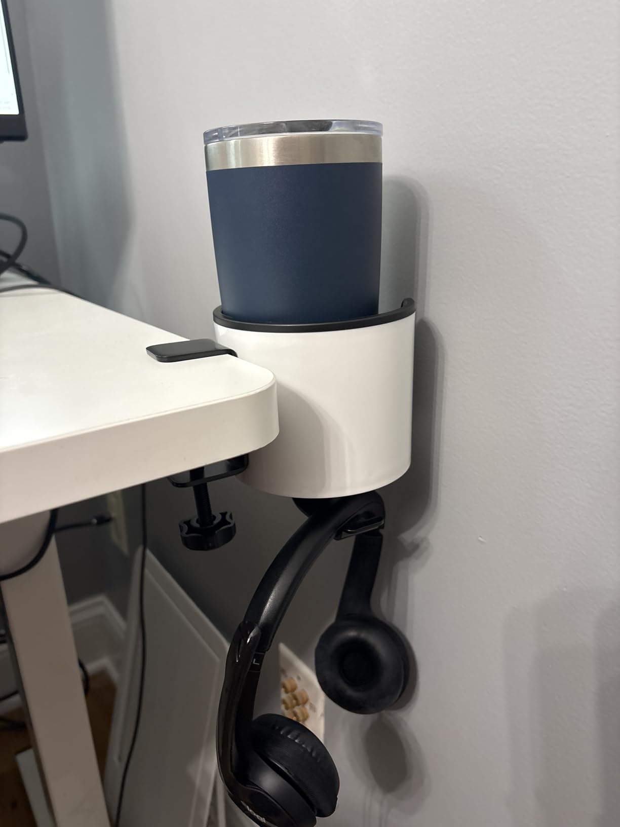 Luxury 2-in-1 Anti-Spill Cup Holder with Under Desk Headphone Hanger (Racing Carbon Edition) customer photo 1